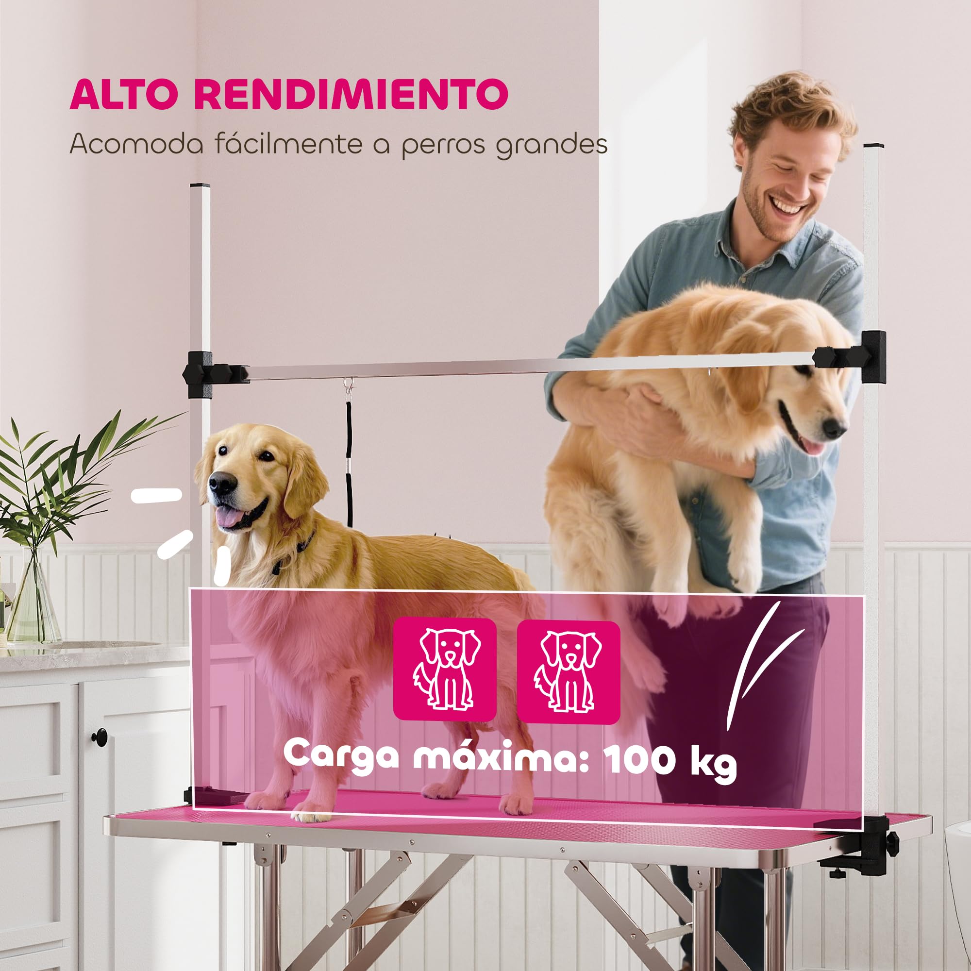 PawHut Table de toilettage pliable, table de toilettage avec panier en métal, plan de travail antidérapant, barre réglable en acier inoxydable, pour chiens, chats, 107x60x164 cm, rose