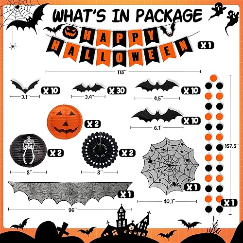 Miniatura 2 de Juego de decoraciones de Halloween para interiores, faroles de papel y abanicos, bufanda de chimenea de chimenea, alfombra de telaraña, bandera, 60