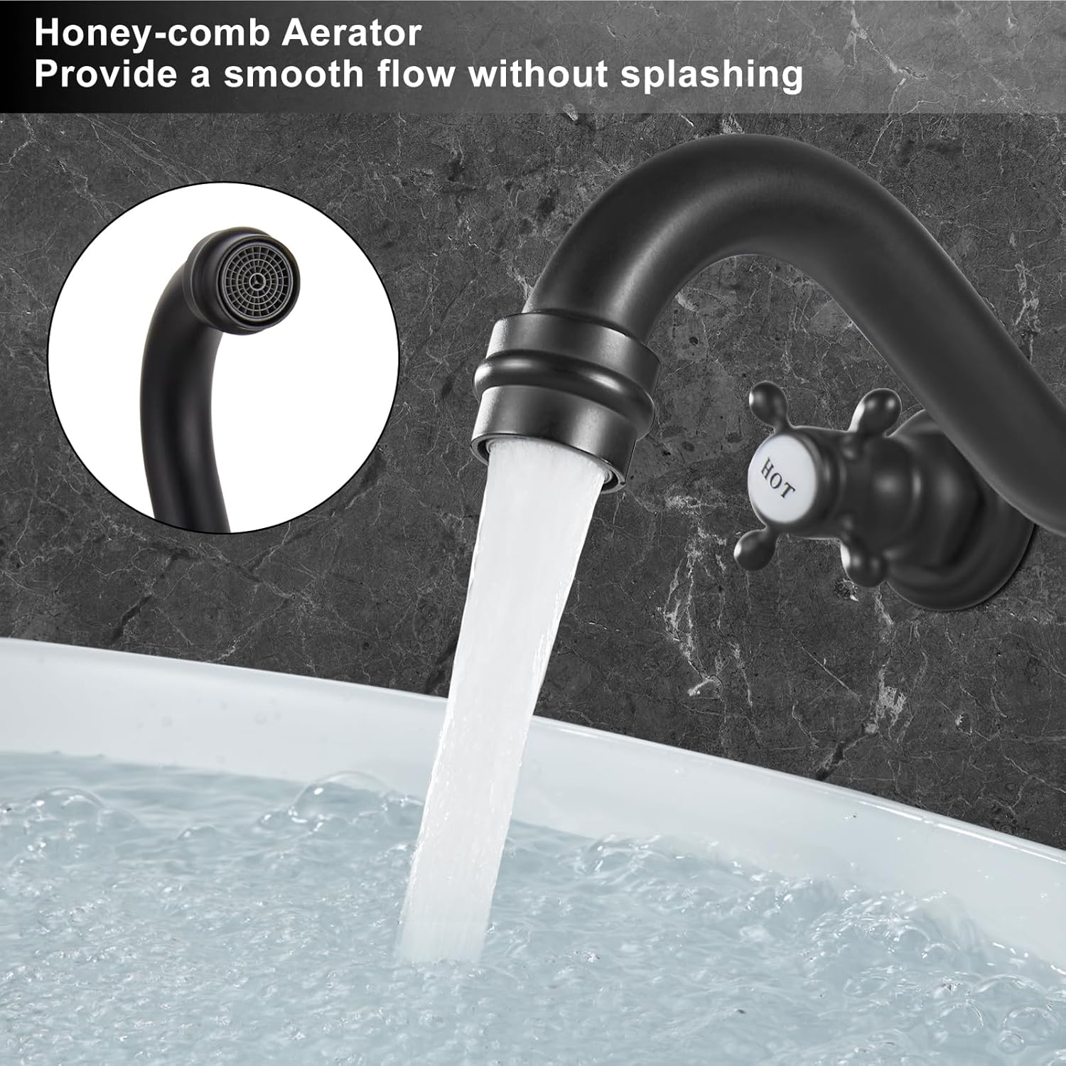 Midanya Bathroom Widespread Sink Faucet Wall Mount 3 Holes 2 Cross Knobs Brass Lavatory Basin Mixer Tap Mixing Spout Double Handles Commercial Matte Black with Hot Cold Signs