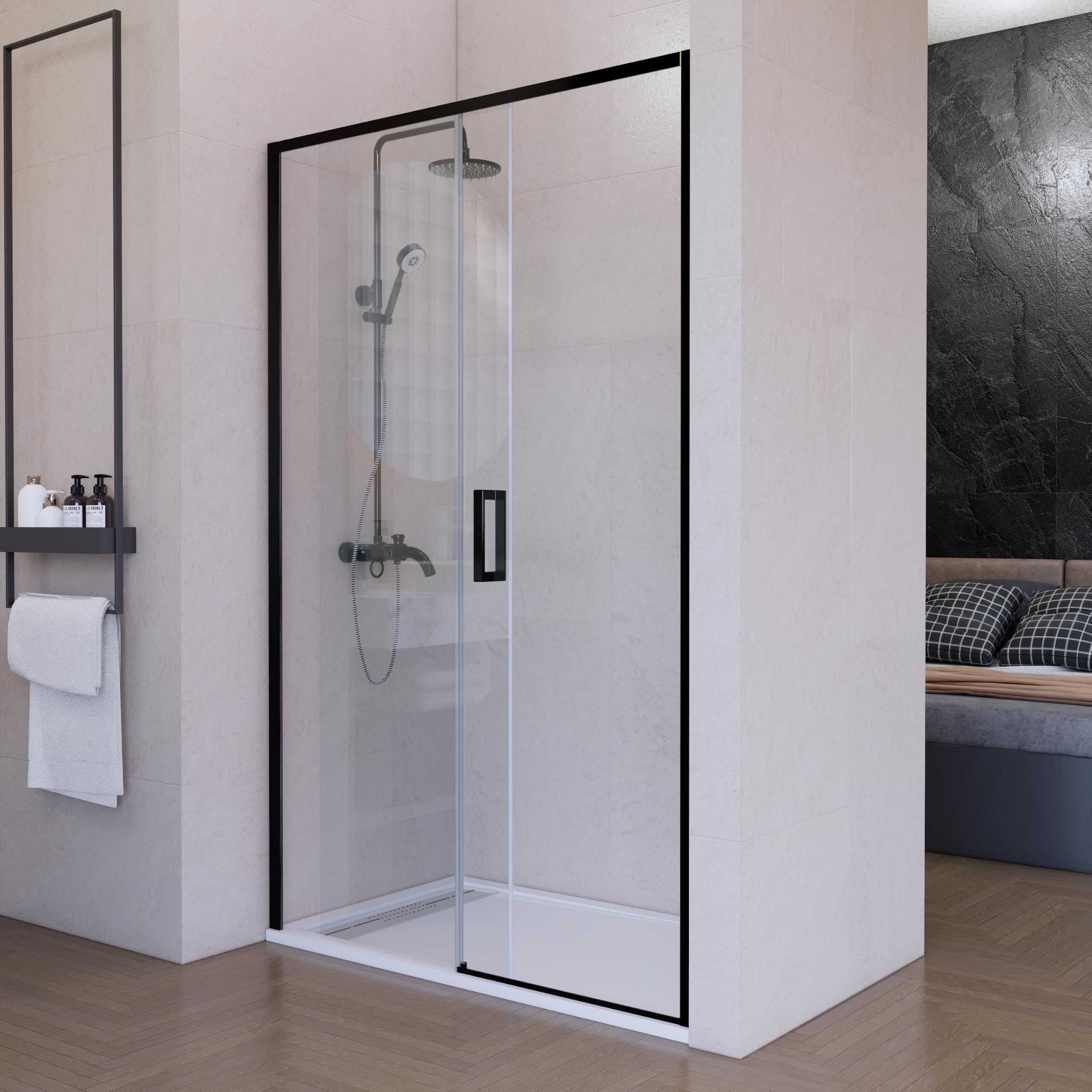 Mampara de ducha frontal corredera 130 cm 1 puerta + 1 fijo Negro mate Cristal transparente 6 mm 195 cm altura