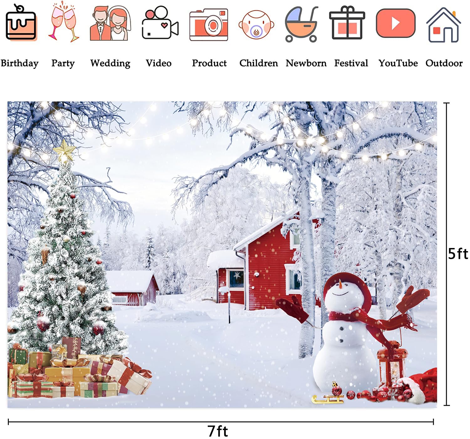Winter Backdrop, Cute Xmas Snowman Snowflake Forest Holiday Scene - View #3