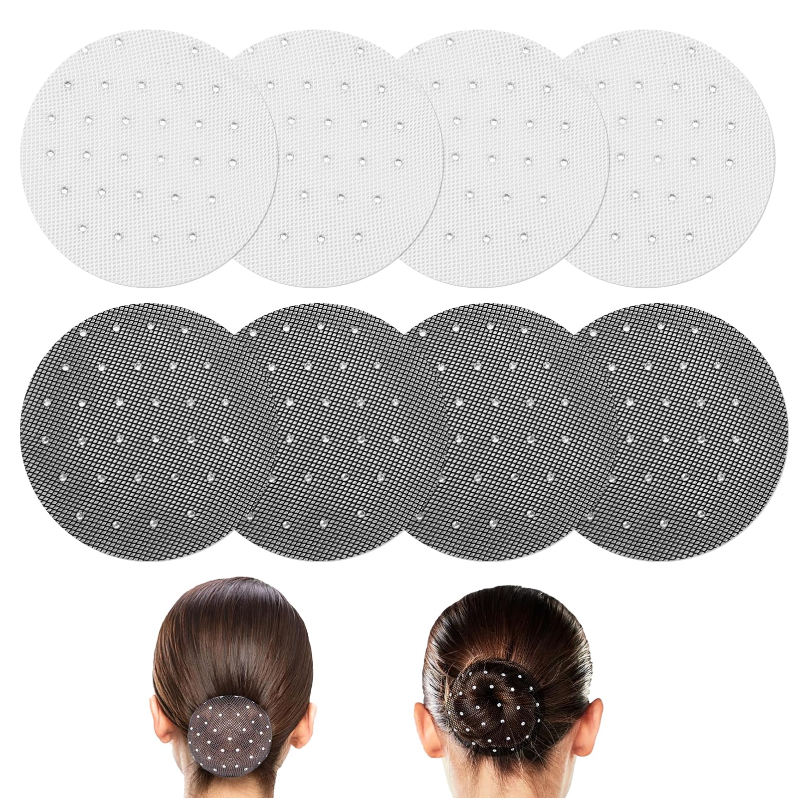 8 Stück Haarnetz Reiten Turnier Dutt Netz Set, mit Glitzer Strasssteinen Ballett Duttnetz, für Gymnastik Rhythmische Sportgymnastik Eiskunstlauf, für Frauen und Mädchen (Schwarz, Weiß)