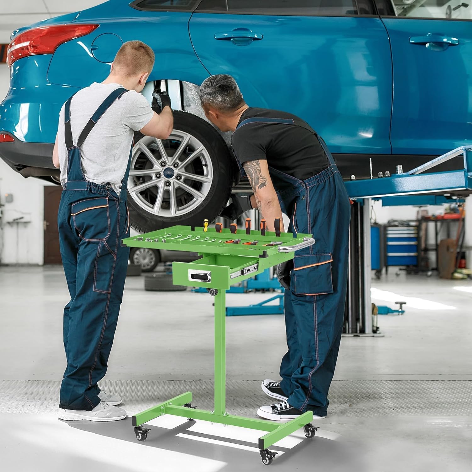 Adjustable Height Mobile Work Table,Mechanic Rolling Tool Cart with Brakes,300Lbs Capacity Mobile Rolling Tool Tray with Drawer for Garage, Repair Shop,Workshop and DIY