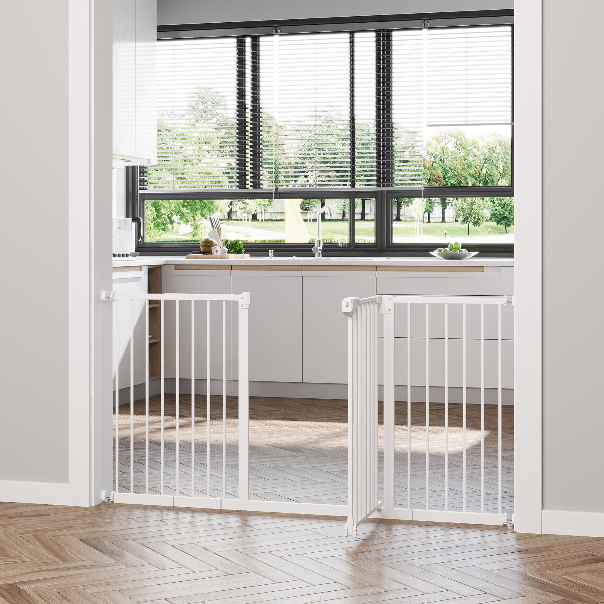 PawHut Barrera de Seguridad para Puertas y Escaleras Barrera para Perros con Cierre Automático y Sistema de Doble Bloqueo Metal 3 Extensiones 17,5/20,3/30,5 cm, 74-147,5x76,2 cm Blanco