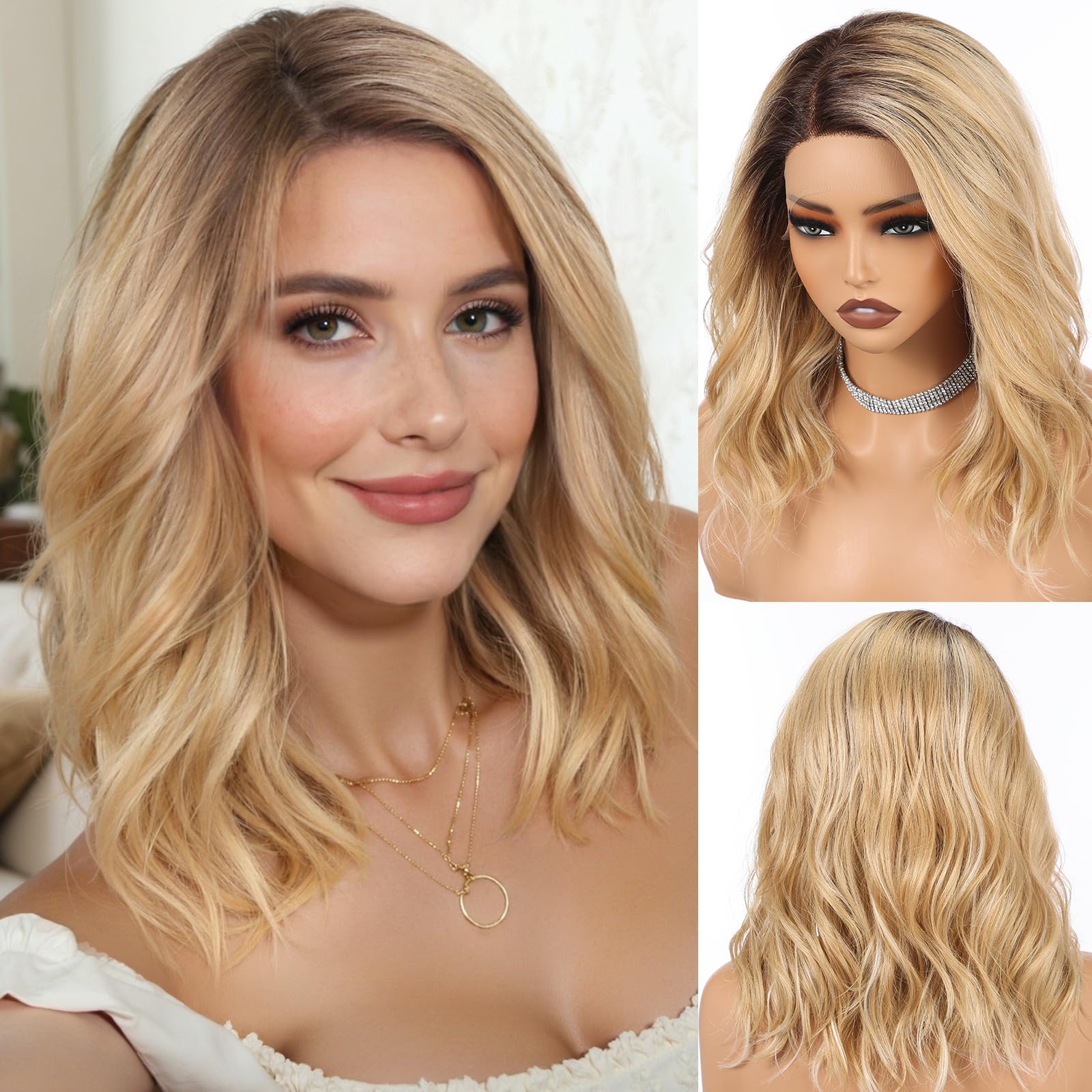 HAIRCUBE Syntetyczna peruka z przodu T, bez kleju, z przedziałkiem po bokach, długość do ramion, falowana fryzura na co dzień, na imprezę i randkę (ombre, złoty blond)