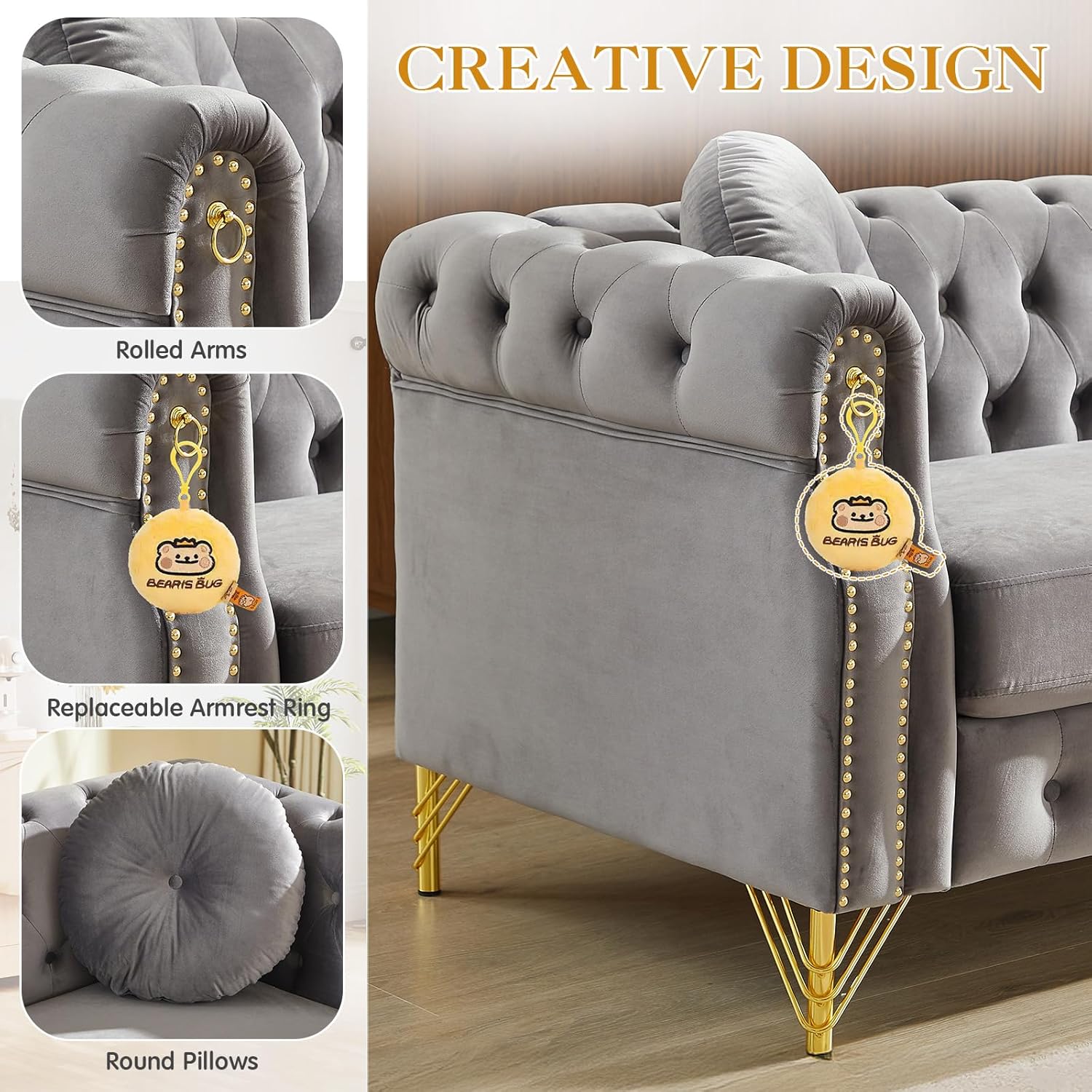 Mid Century Modern Chesterfield Sofa, Velvet Loveseat Couch, Upholstered Button Tufted Deep Seat Couch with Nailhead Trim&Roll Arms, 2-Seater Comfy Sofa for Living Room, Bedroom, Office(60.5", Grey)
