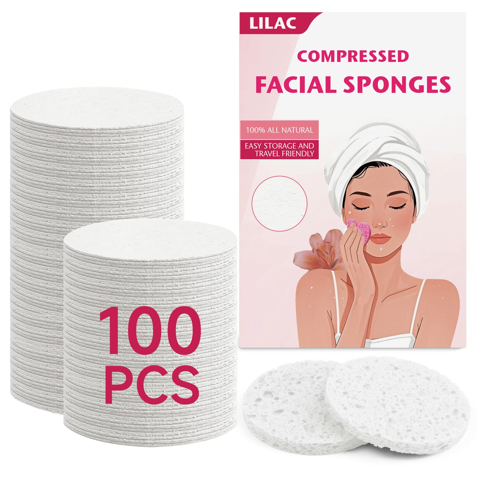 Photo 1 of 100 Count Compressed Facial Sponges 100% Natural Cellulose Eco-Friendly Makeup Sponges for Gentle Cleansing, Exfoliating & Stubborn Makeup Removal Travel for Women (Round white)