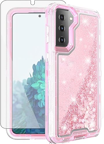 Asuwish Funda de teléfono para Samsung Galaxy S21 Plus S21+ 5G con protector de pantalla con purpurina líquida brillante transparente híbrida de