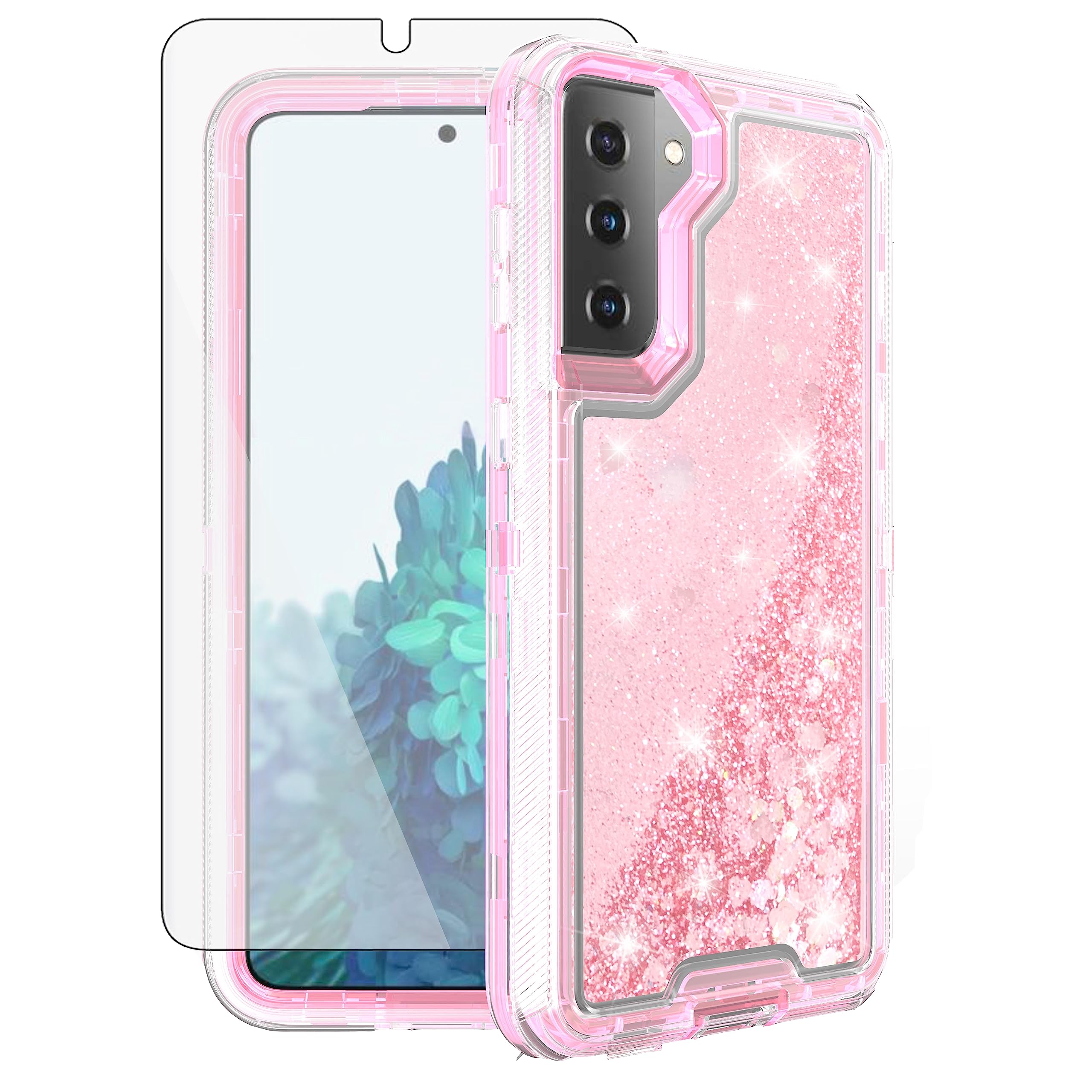 Asuwish Phone Case for Samsung Galaxy S21 5G 6.2 inch with Screen Protector Bling Liquid Glitter Clear Hybrid TPU Silicone Military Grade Protective