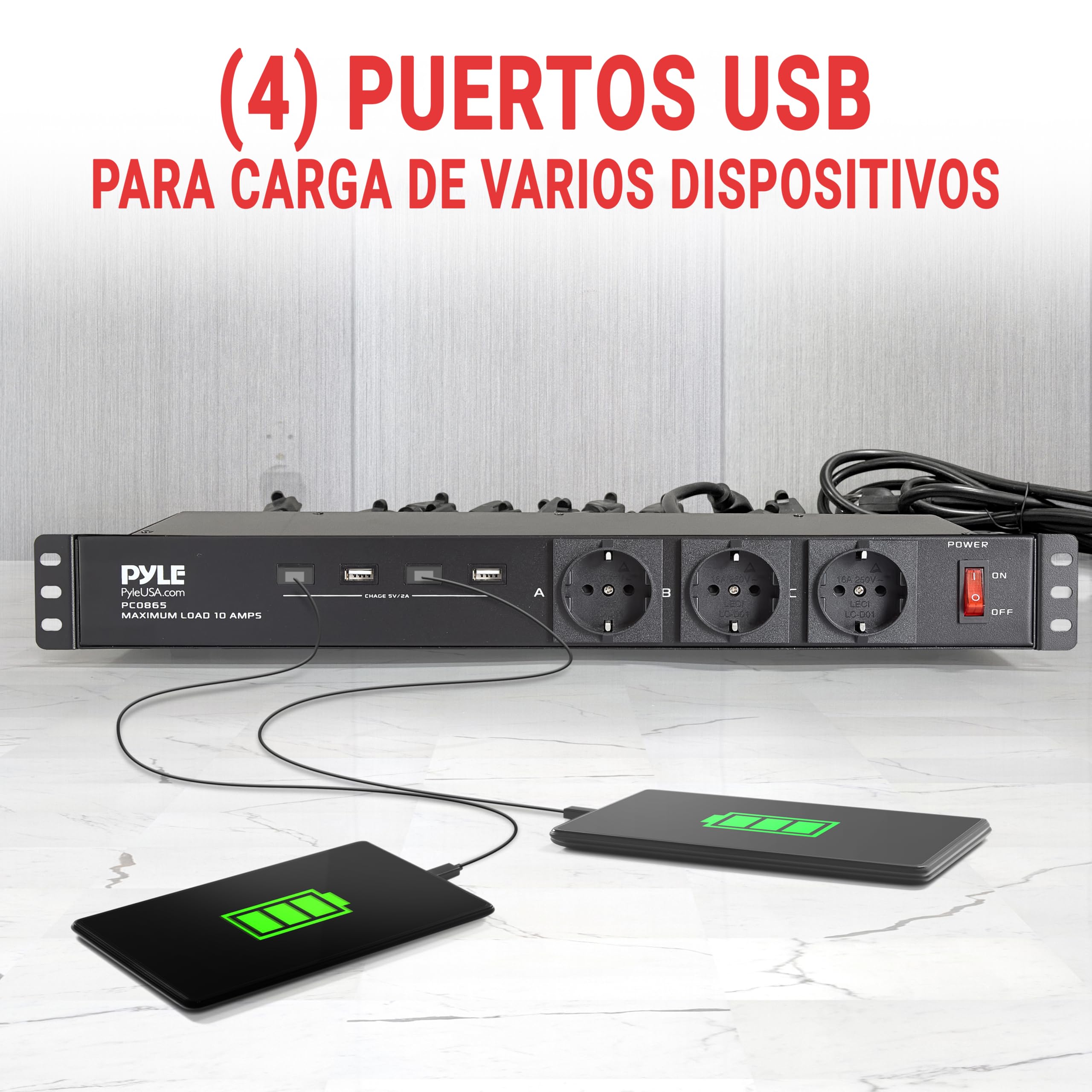 Pyle regleta, Montaje en Rack, 12 Tomas, Unidad, Tira, Disyuntor de 15 amperios, 4 Puertos de Carga USB, Multiples Dispositivos, Cable de 15 pies