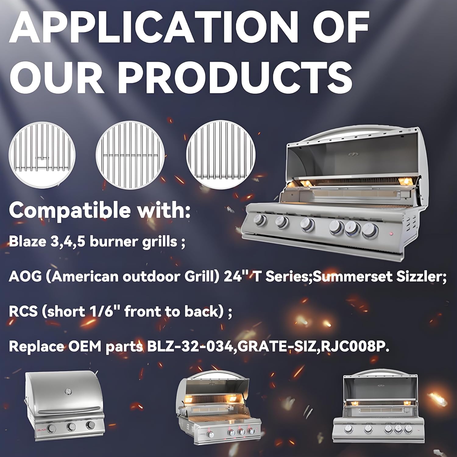 4 Pc 304 Heavy Duty Cast Stainless Steel 5/16" Rod BBQ Cooking Grill Grates Replacement Parts for Blaze Grill 3, 4, 5 Burner Blaze Grill Models, AOG, RCS, Summerset Sizzler, Stainless Steel 18 x 7-3/8