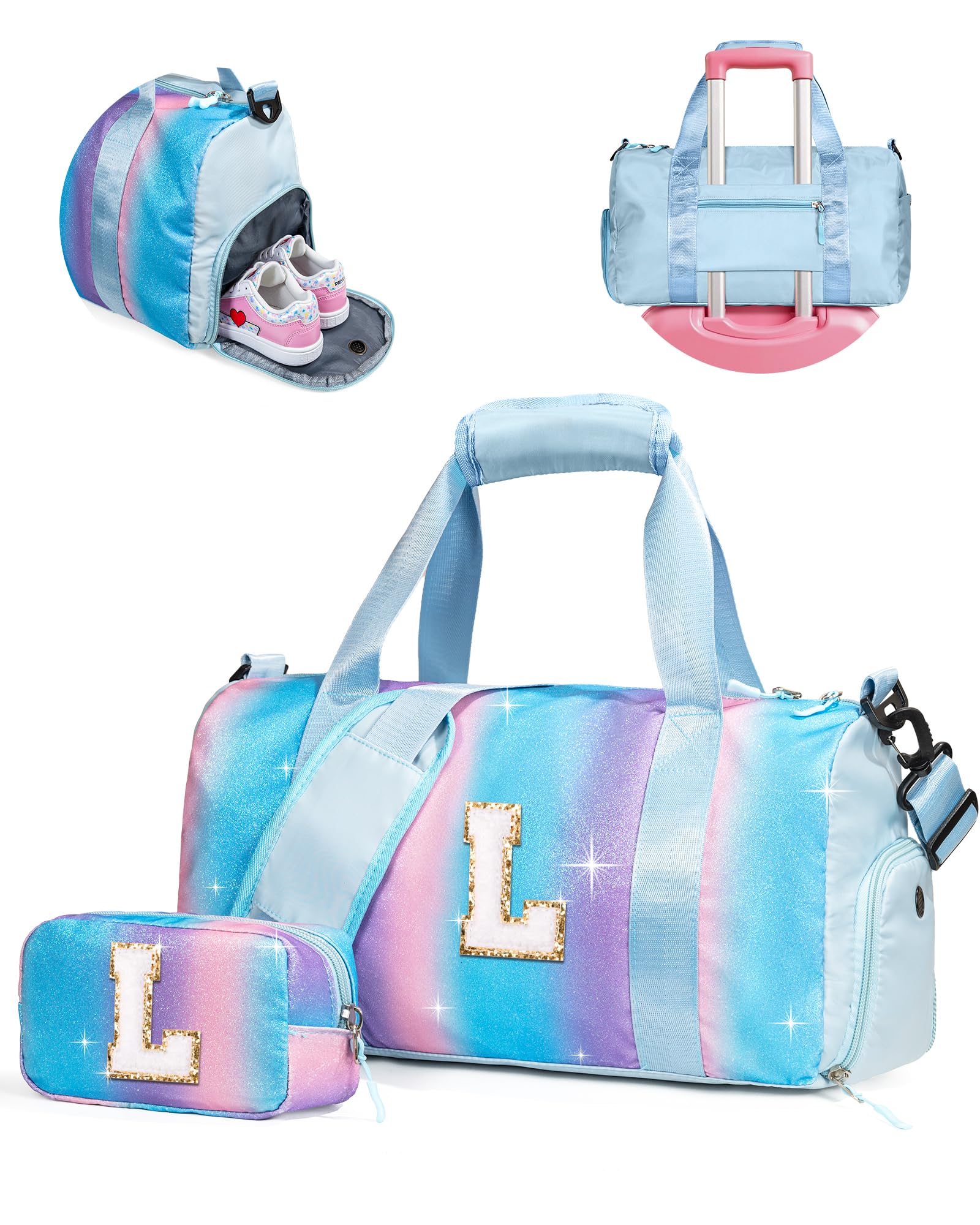 Vogewood Kindergarten Gift Ideas-Girl Gym Bag with Shoe Compartment, Kid Personalized Weekender Overnight Bags, Initial Travel Tote with Makeup Pouch,