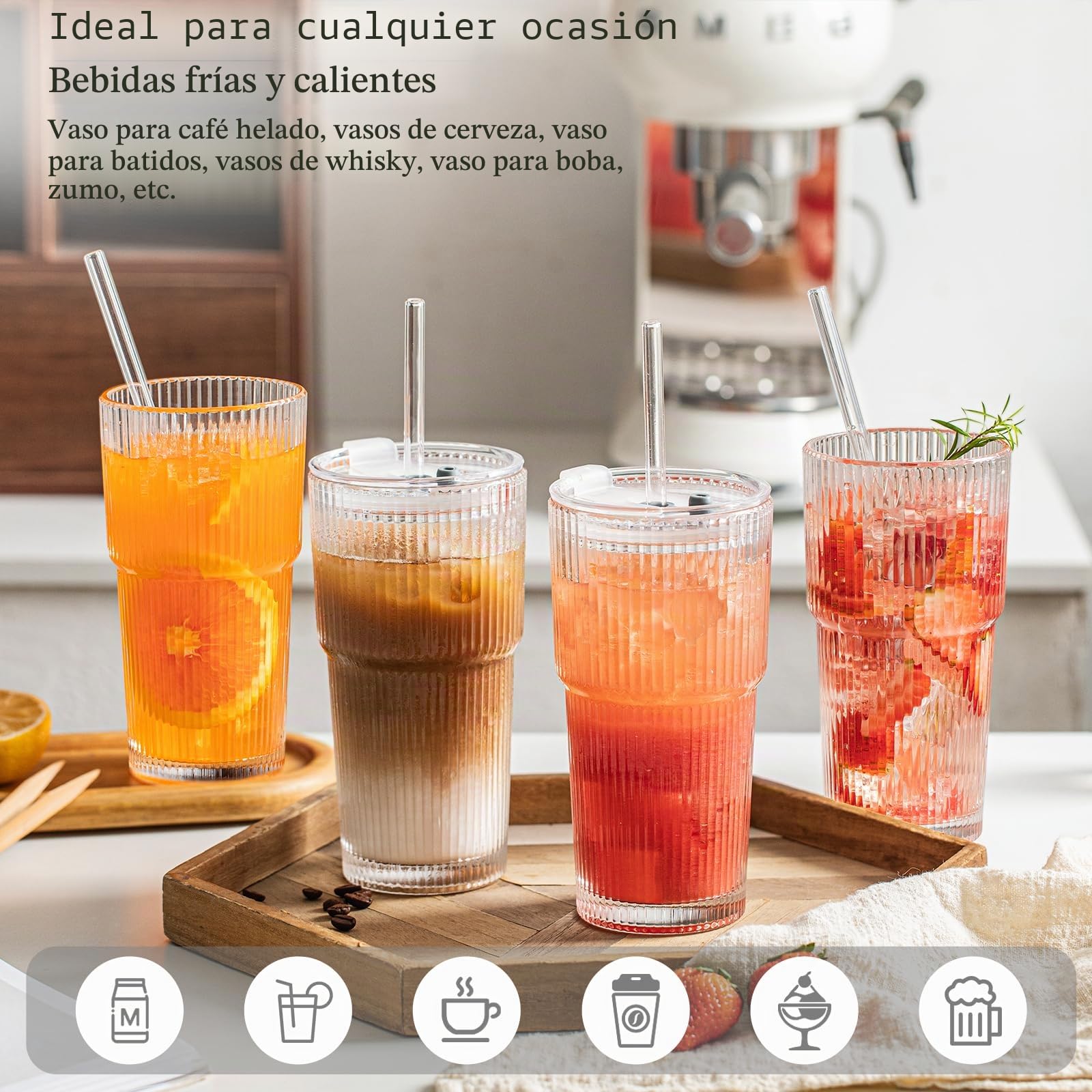 INSETLAN Vasos de vidrio acanalado de 20 onzas con tapas y popotes de vidrio, juego de cristalería de 4 piezas, pared gruesa, ideal para café helado, batidos, cócteles y jugos, vasos elegantes y