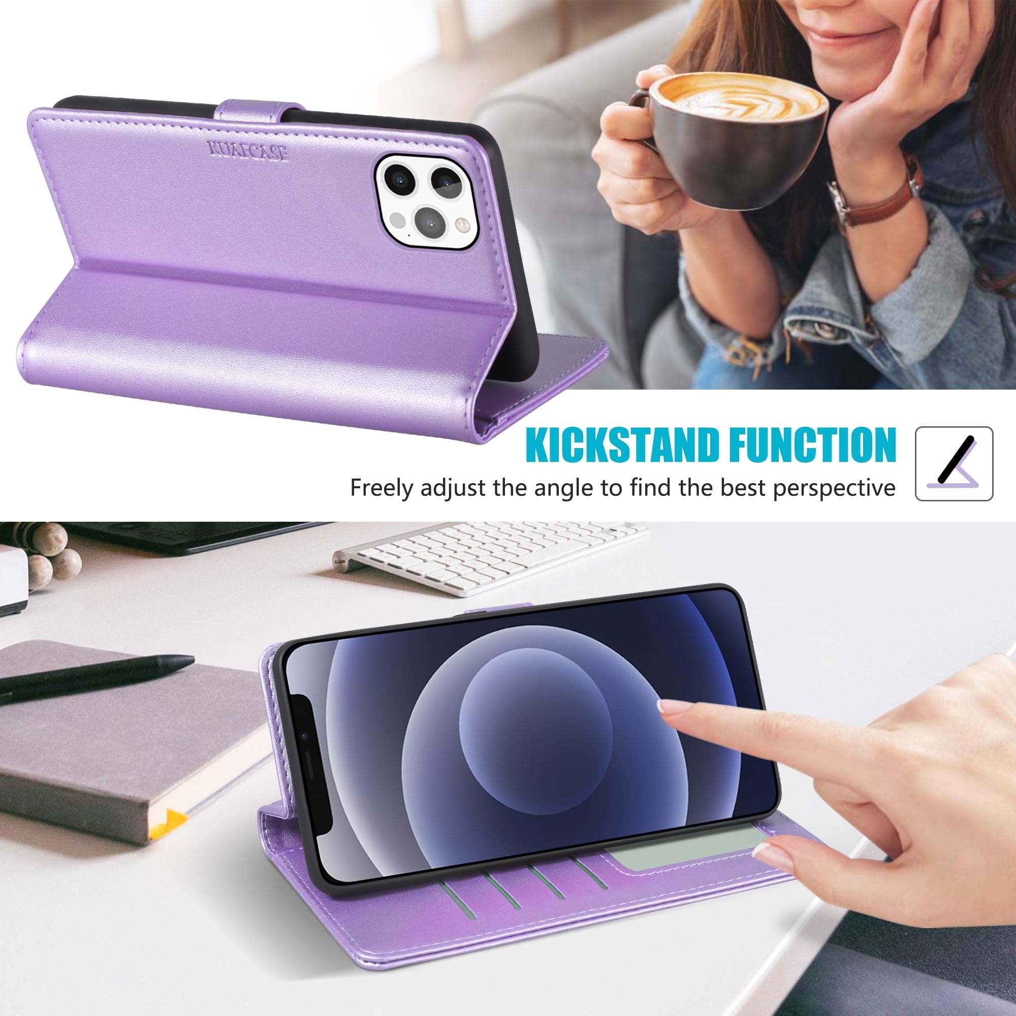 Kuafcase Compatible for iPhone 12 Pro Max Case with 4 Card Slots Magnetic Closure Kickstand Shockproof Protective Phone Case Compatible for iPhone 12 Pro Max - Image 4