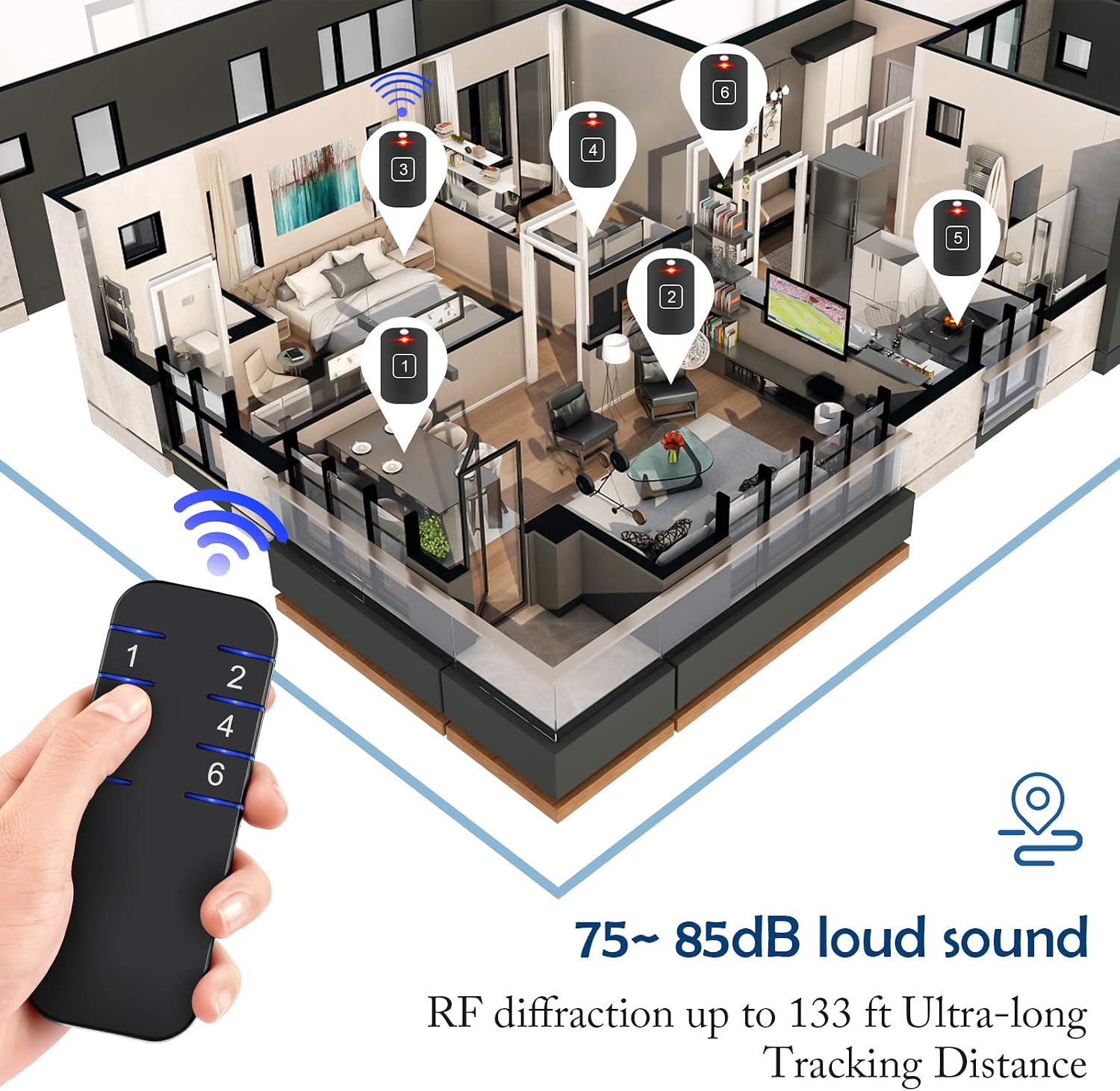 Key Finder, Wireless RF Item Finder 1 Transmitter and 6 Receivers, 133ft Working Range, Beeper and Led Flash, Remote Finding Pet, Purse, Key, Etc