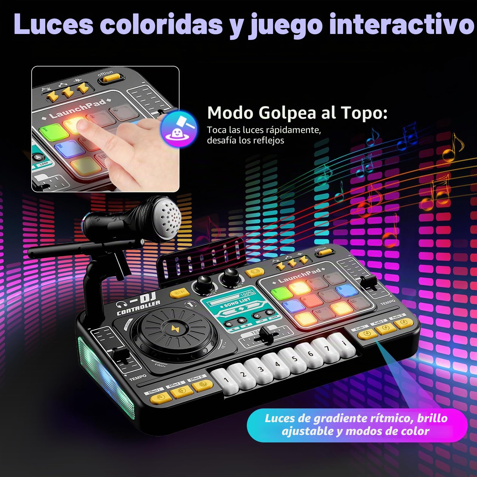 Mesa DJ Niños, Mesa de Mezclas DJ Musical Multifuncional para Niños, con Bluetooth, Micrófono, Juegos de Luces, Carga por USB, Ideal para 3 a 10 Años en Fiestas y Entretenimiento Familiar