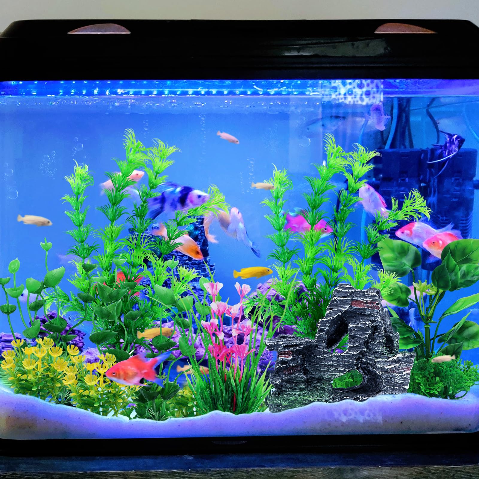 QUOZUO Aquarium-Zubehör, künstliche Pflanzen, 9 Stück, grüne Aquarium-Dekorationen, Pflanzen und Höhlen, Felsen, Dekor-Set, Aquarium-Dekoration, Kunststoffpflanzen