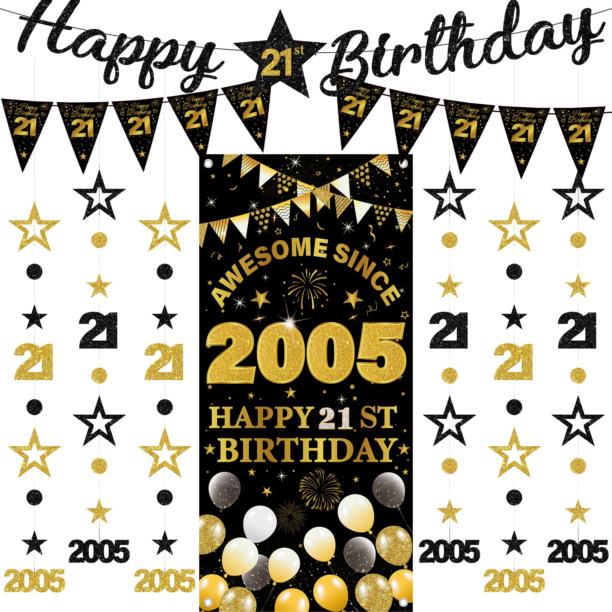 21st Birthday Decorations Banner Garland - 9 Pcs Black Gold Happy Birthday Banner Awesome Since 2005 Curtain Twinkle Star Dot Hanging Streamer Pennant for Boys Girls 21 Years Old Party Decor Supplies