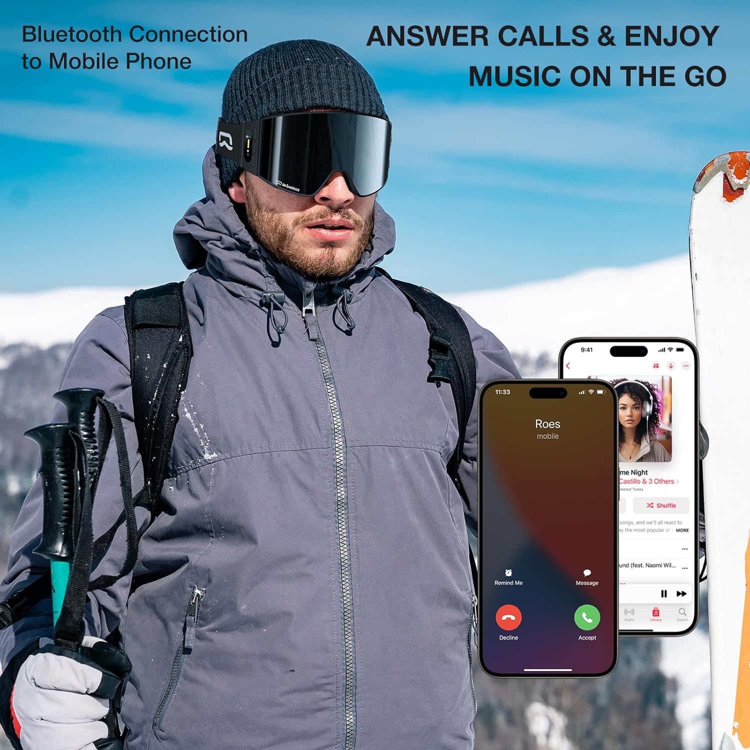 G01 Bluetooth Smart Ski Goggles with Walkie-Talkie-Snowboarding Goggles with Play Music Answer Calls
