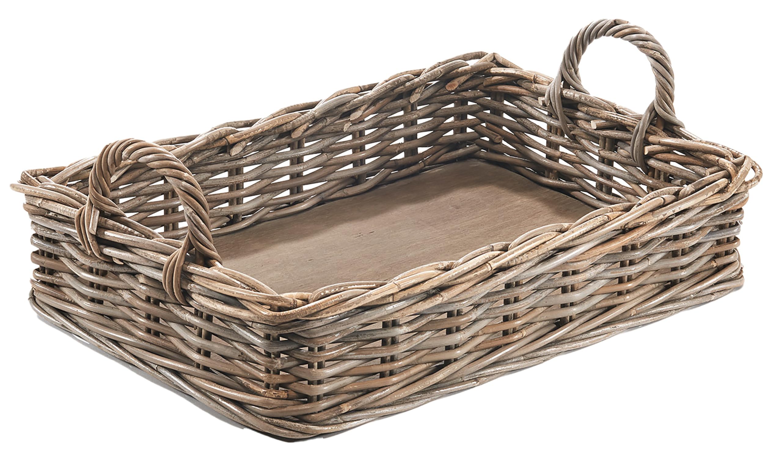 Kobolo Serviertablett aus Rattan | 56x38x12 cm | grau | eckig mit Holzboden & Griffen | handgeflochtenes Tablett im Landhausstil | Robustes Dekotablett für Küche, Wohnzimmer, Couchtisch oder Terrasse