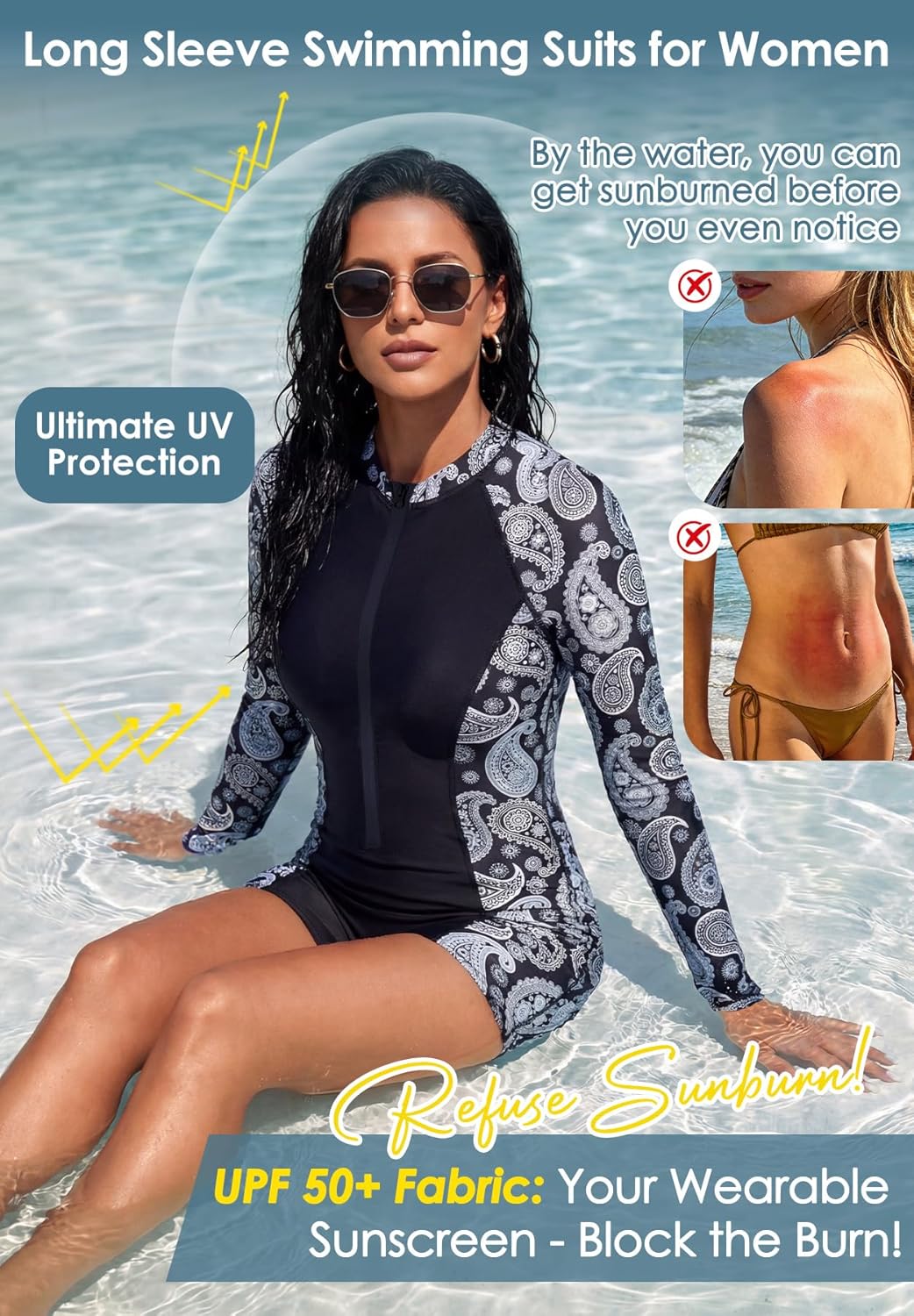 Zando UPF 50+ Rash Guard Long Sleeve Swimsuits for Women - Swimming Suit with Front Zipper Boyleg 1 Piece Wetsuit for Surfing