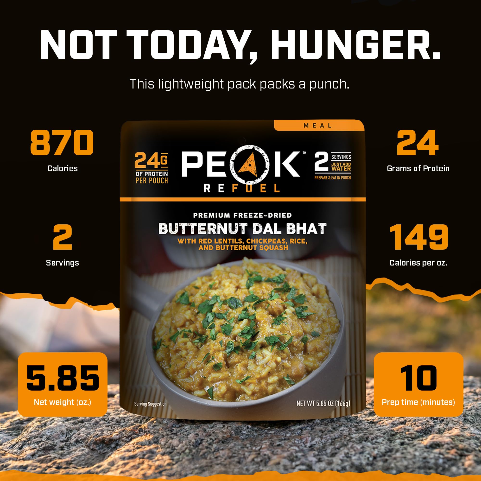 Peak Refuel Butternut Dal Bhat | Alimenti da campeggio liofilizzati | Gusto e qualità incredibili | Alto contenuto proteico | Carne vera | Preparazione rapida (2 sacchetti da portata)
