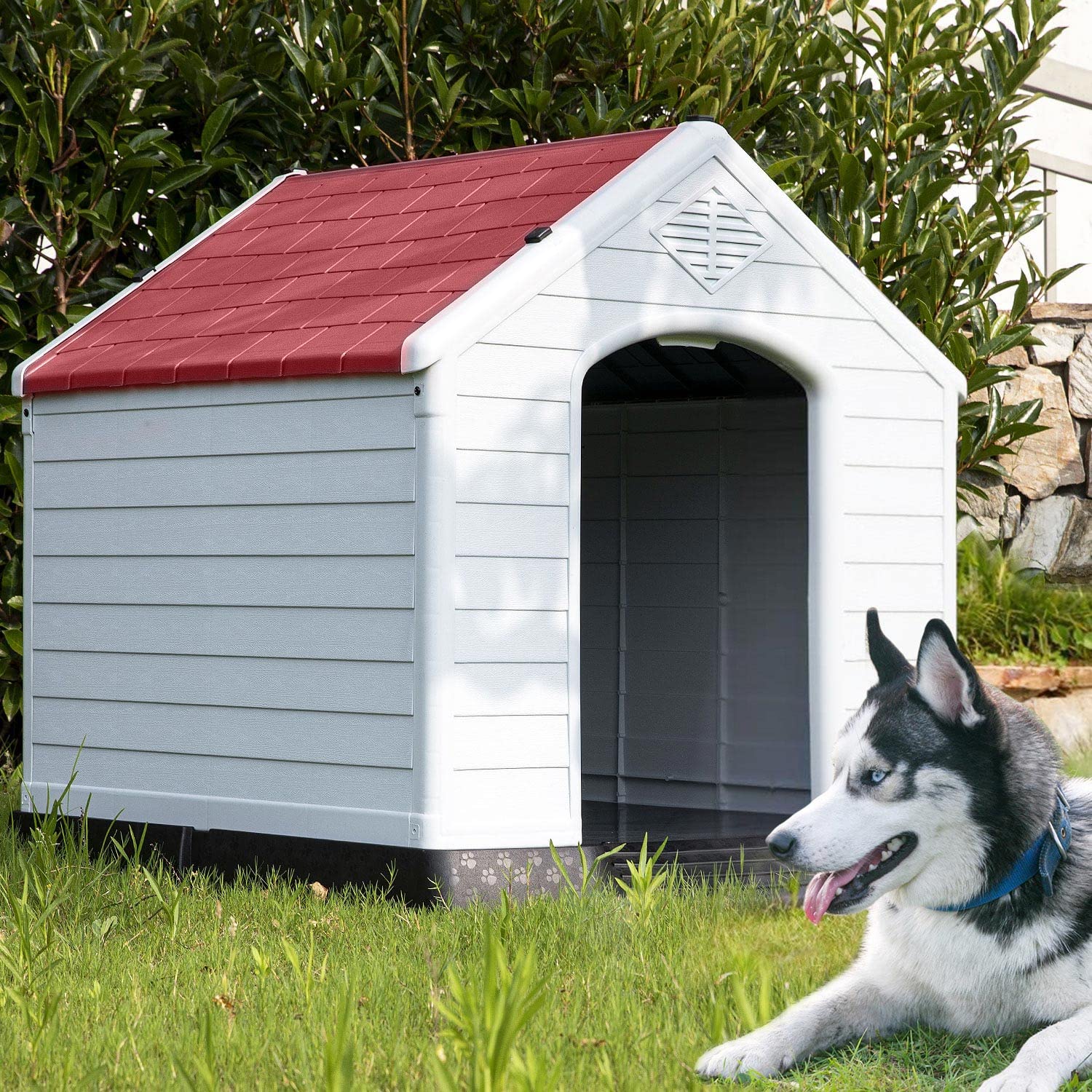 Durable Waterproof Plastic Dog House for Large Dogs, Indoor Outdoor Dog House Puppy Shelter with Air Vents and Elevated Floor, Outdoor Cat House