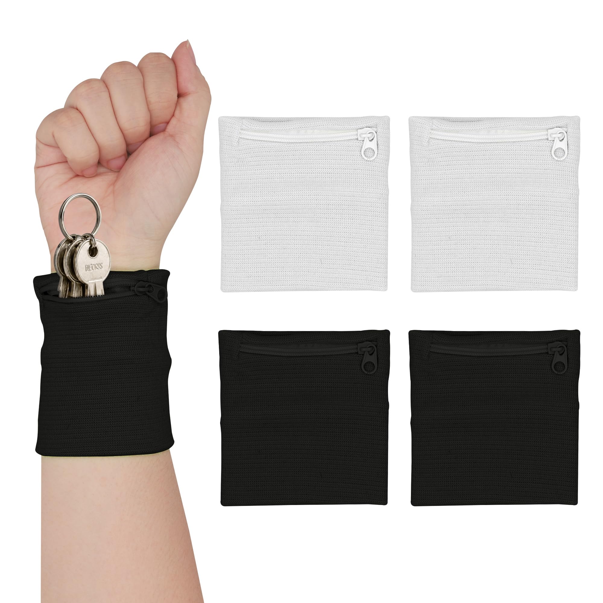 kwmobile 4X Mini Wrist Pocket - Sweatband Wrist Wallet with Zip - Key Pouch - 8 x 8 cm - Cotton Blend - Sports Wristband Black/White