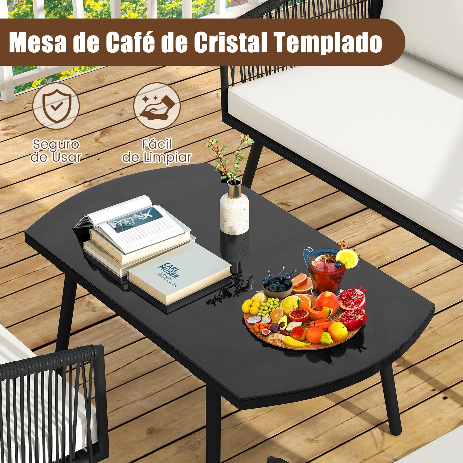 COSTWAY Conjunto Jardin Exterior de 4 Piezas, Tejido de Cuerda de PE, Sofá de 2 Plazas y 2 Sillas con Cojines, Mesa de Café de Vidrio Templado, Mesa y Sillas Terraza Balcon Exterior