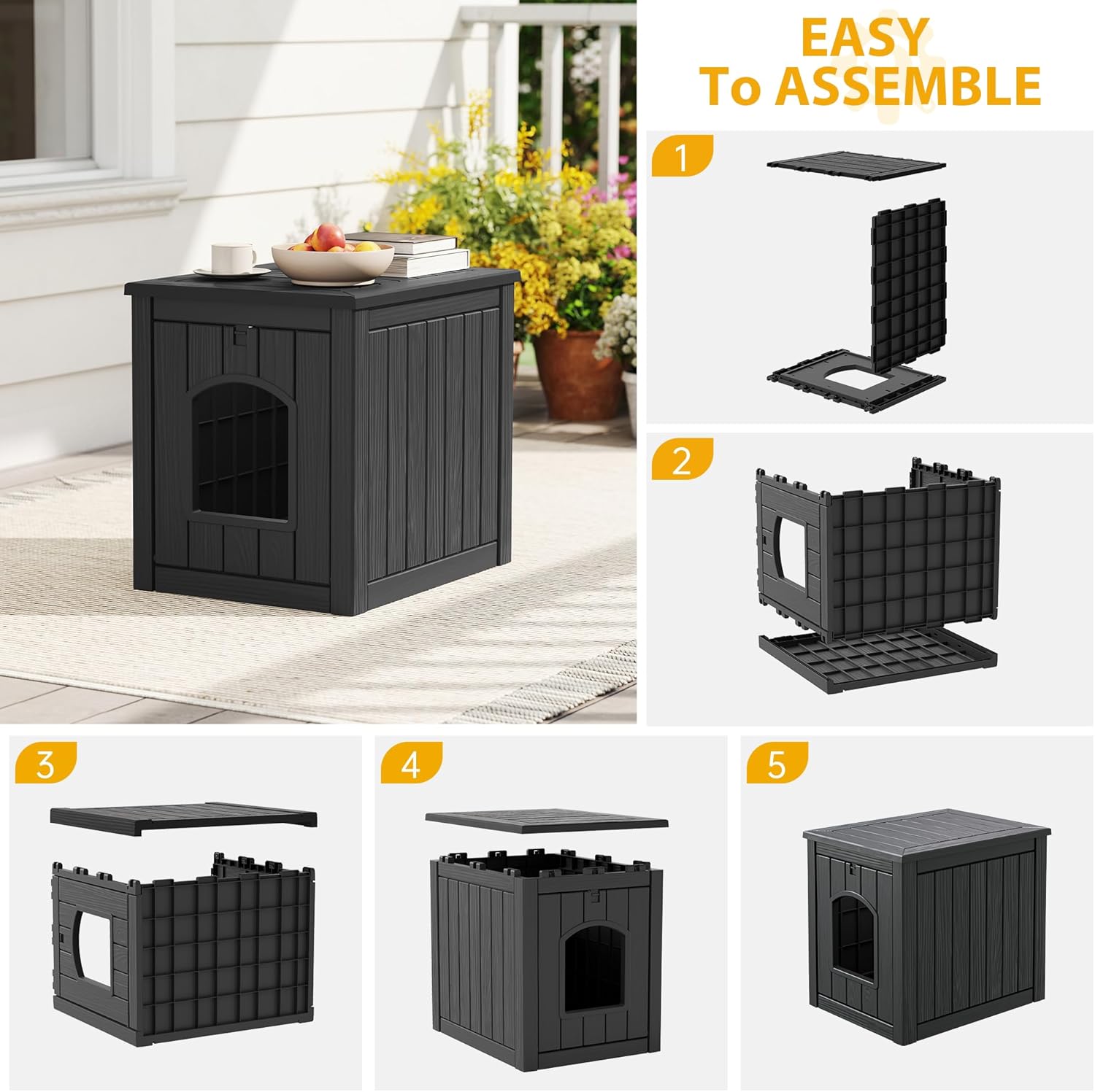 Cat Litter Box Enclosure, Multi-Functional Enclosed Cat Litter Box Furniture, Outdoor Cat House Weatherproof, Openable Front Door & Raised Floor, Easy to Clean & Assemble, Black