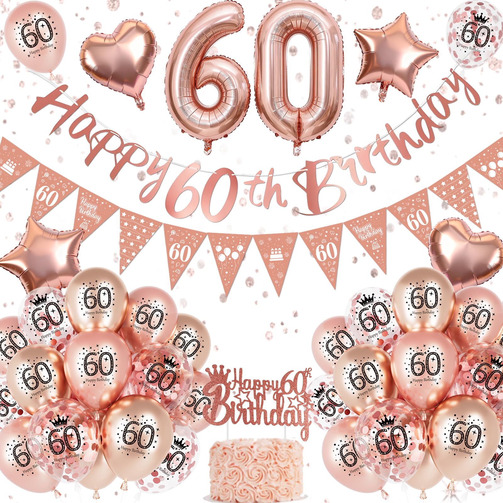 60th Birthday Decorations, Rose Gold 60th Birthday Decorations for Women,Happy 60th Birthday Banner Triangle Flag Bunting 60th Balloons Cake Topper for Birthday Party Decorations Women