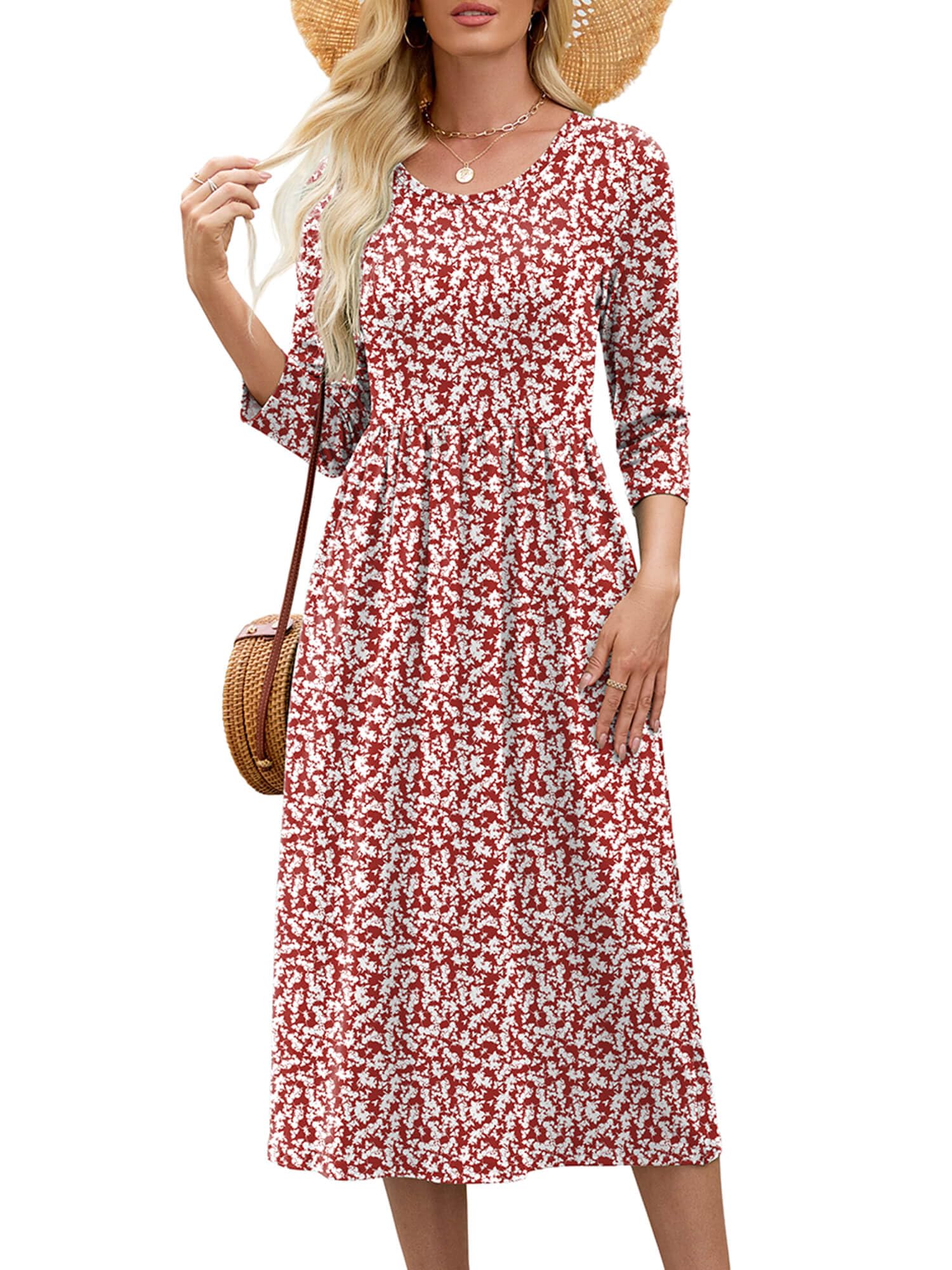 Heymoments Midi Dress for Women Crewneck 3/4 Sleeves Wedding Guest Maple Leaf X-Large A line Casual Flowy Swing Party Vintage Spring Fall Winter Travel 2025 Long Dresses with Pocket