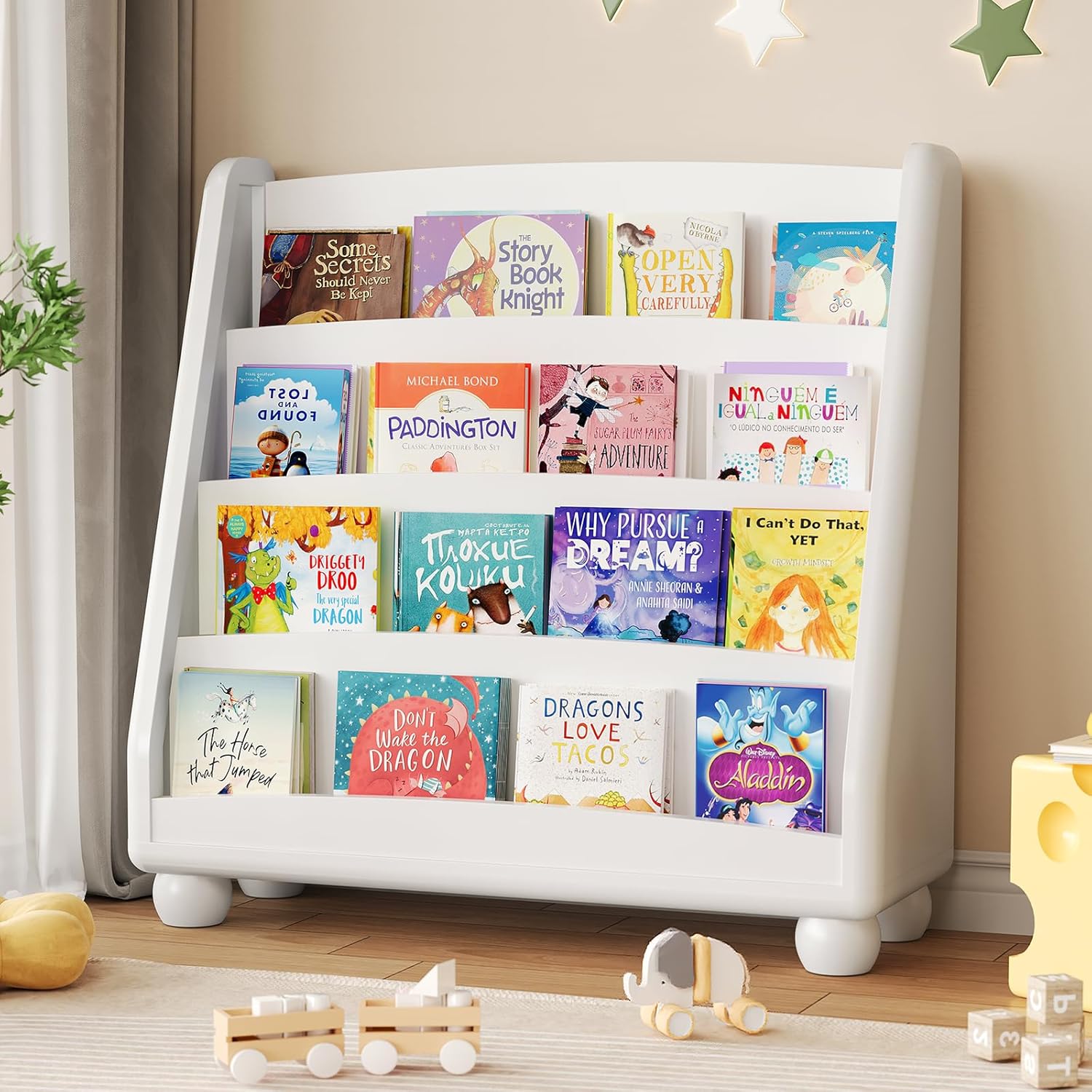 ONBRILL 4-Tier Kids Bookshelf, Round-cornered Baby Bookshelf for Kids Rooms, Wooden Montessori Shelf, Toddler Book Rack Organizer for Classrooms, Nursery, Playrooms