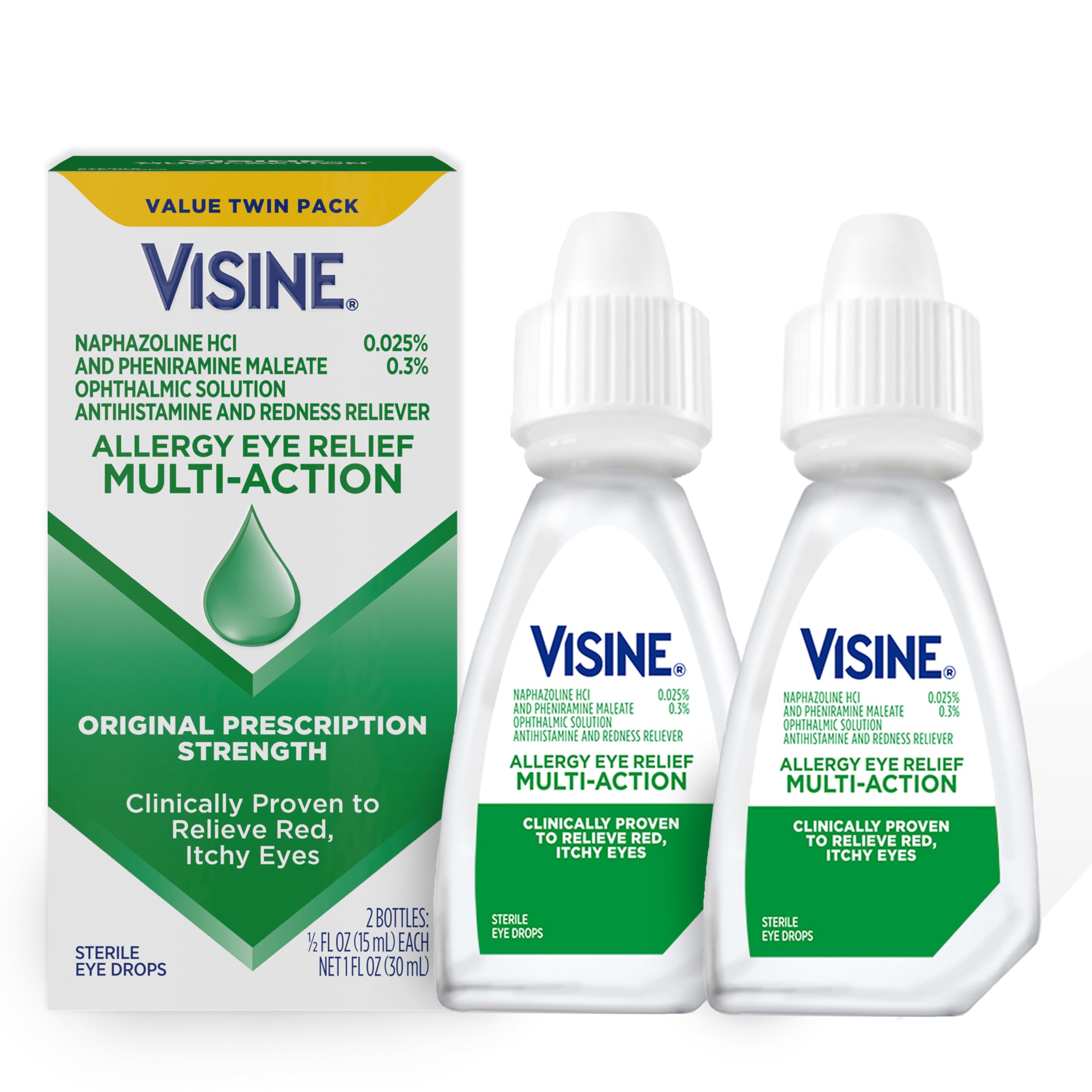 Visine Allergy Eye Relief Multi-Action Antihistamine &amp; Redness Reliever Eye Drops with Pheniramine Maleate &amp; Naphazoline HCl, Eye Drop Treatment for Red, Itchy, Allergy Eyes, 0.5 fl. oz, 2 Pack
