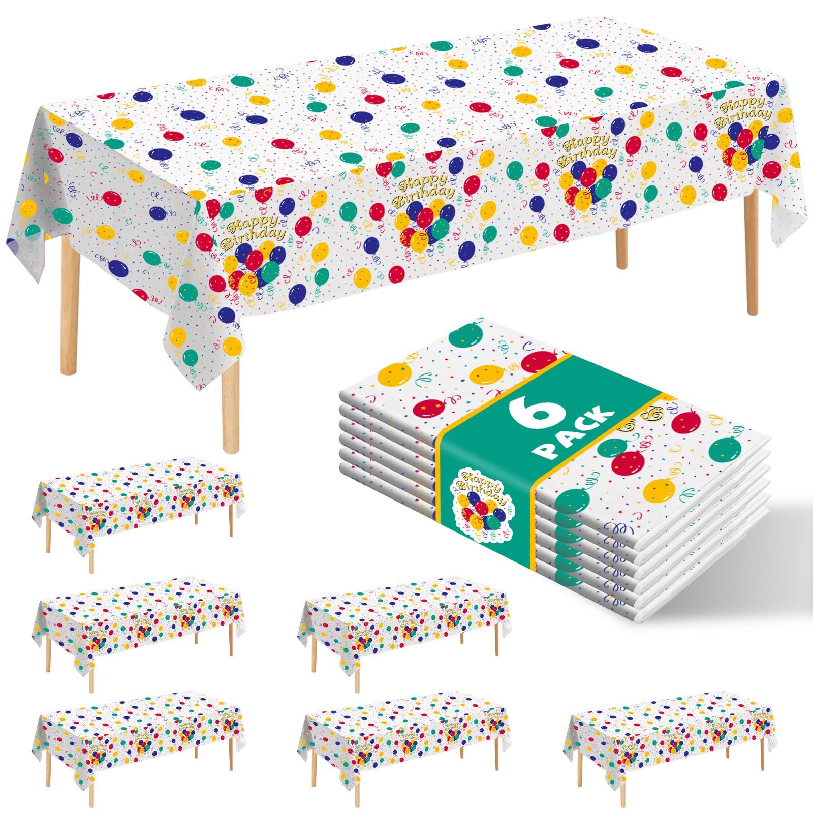 6 Pack Happy Birthday Plastic Tablecloths,108" x 54"Rectangle Disposable Table Covers for Picnic Birthday Wedding Parties (Balloon)