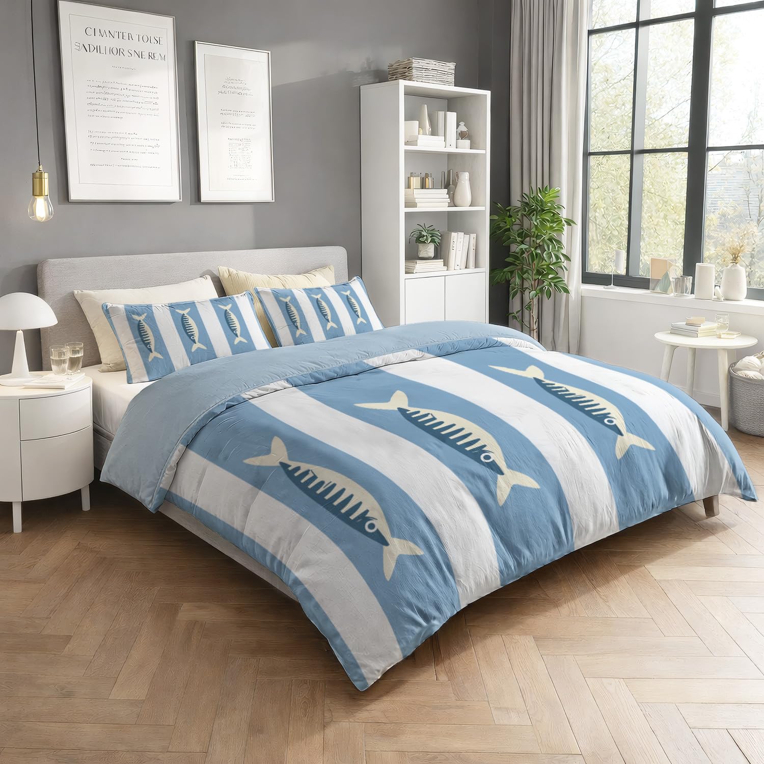 Poszwa na kołdrę Zima w paski - 220 x 240 cm - Dwustronna niebieska Ice Microfiber - 2 poszewki na poduszki w zestawie - Pościel morska Świeży wzór ryb - Morbid Microfiber Duvet Cover
