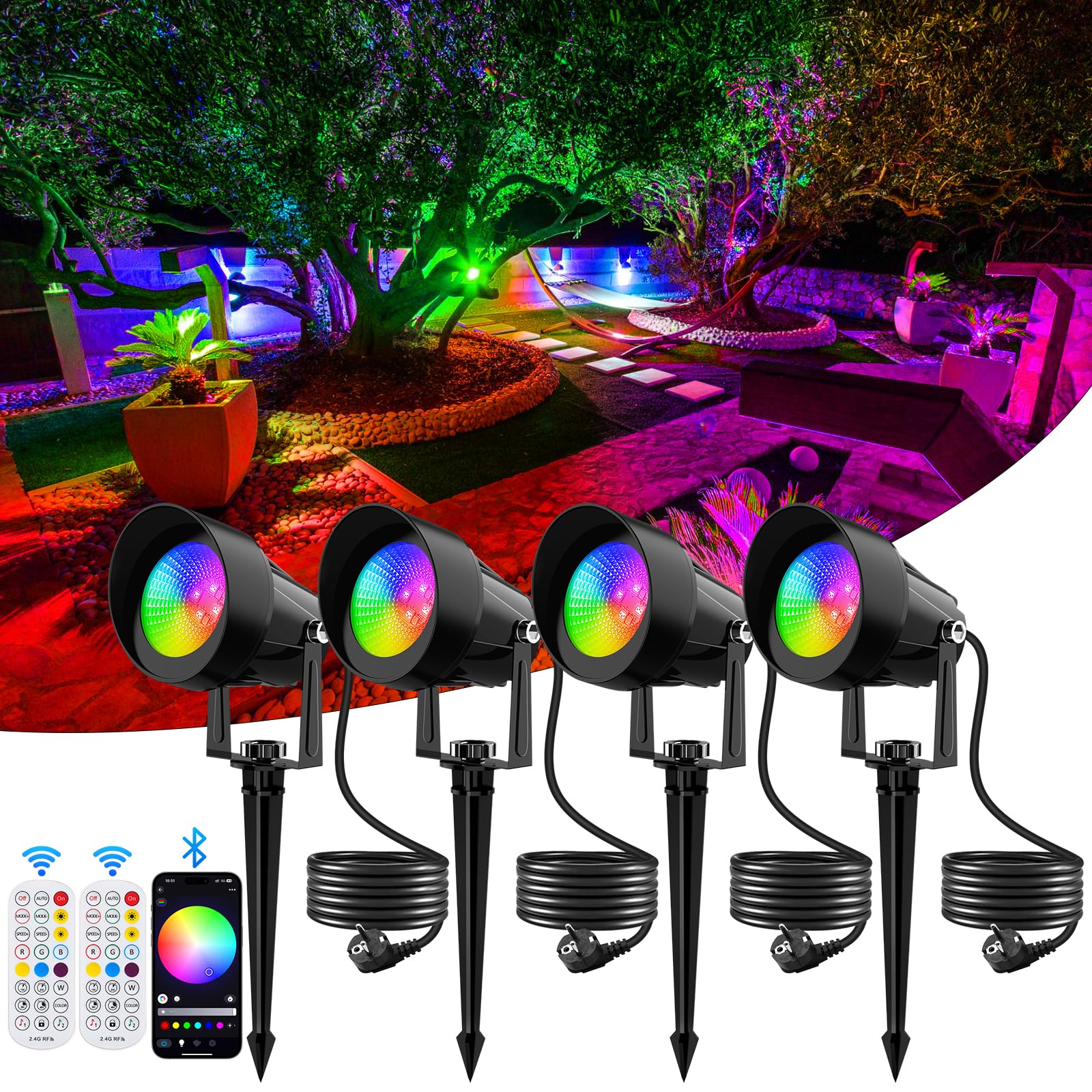 NATPOW Gartenbeleuchtung mit Strom RGB, 4 Stück LED Gartenbeleuchtung RGB Smart, Gartenleuchte LED mit APP und Fernbedienung, IP65 Wasserdichte Gartenstrahler mit Erdspieß für Garten, Terrasse, Wegen
