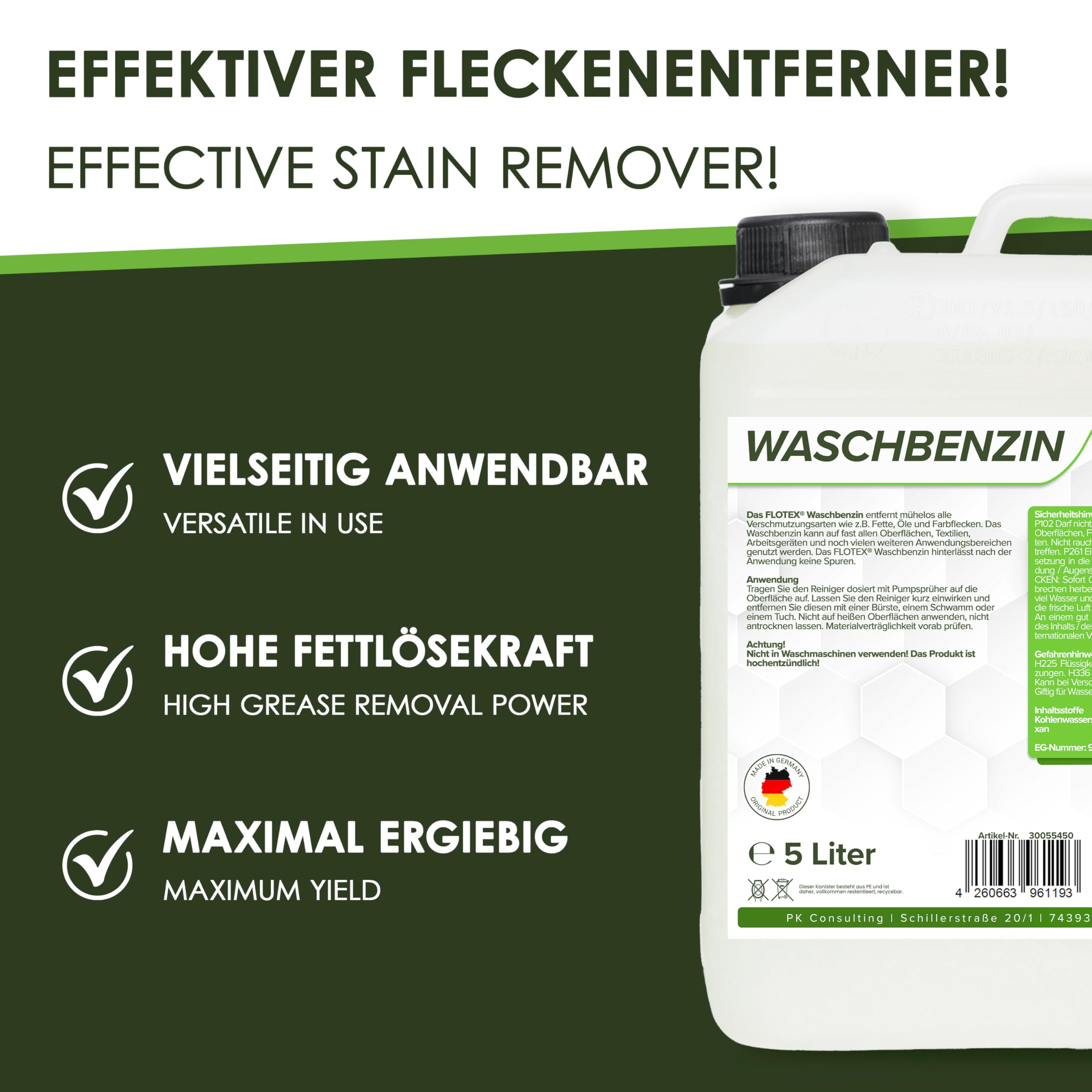 Waschbenzin 5L - Lösungsmittel für Fleckentfernung auf Textil, Kunststoff, Oberflächen & Arbeitsgeräten - Waschbenzin Reinigungsbenzin - Benzin Reiniger