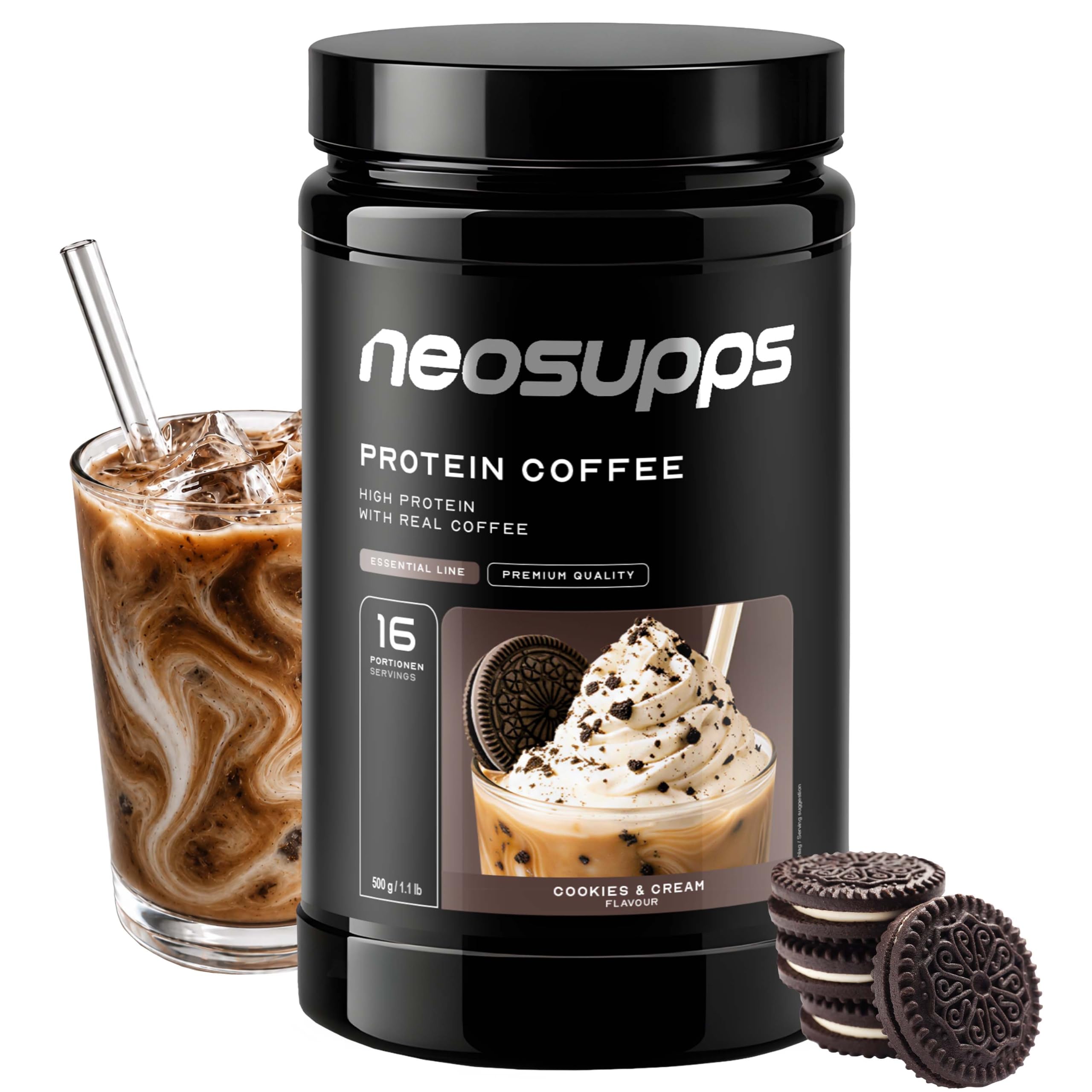 NEOSUPPS Protein Coffee Cookies & Cream 500g, Eiweißkaffee mit 20g Molkenprotein & 80mg Koffein pro Portion, Low Sugar Protein Drink mit echtem Kaffee & Cookie-Stückchen