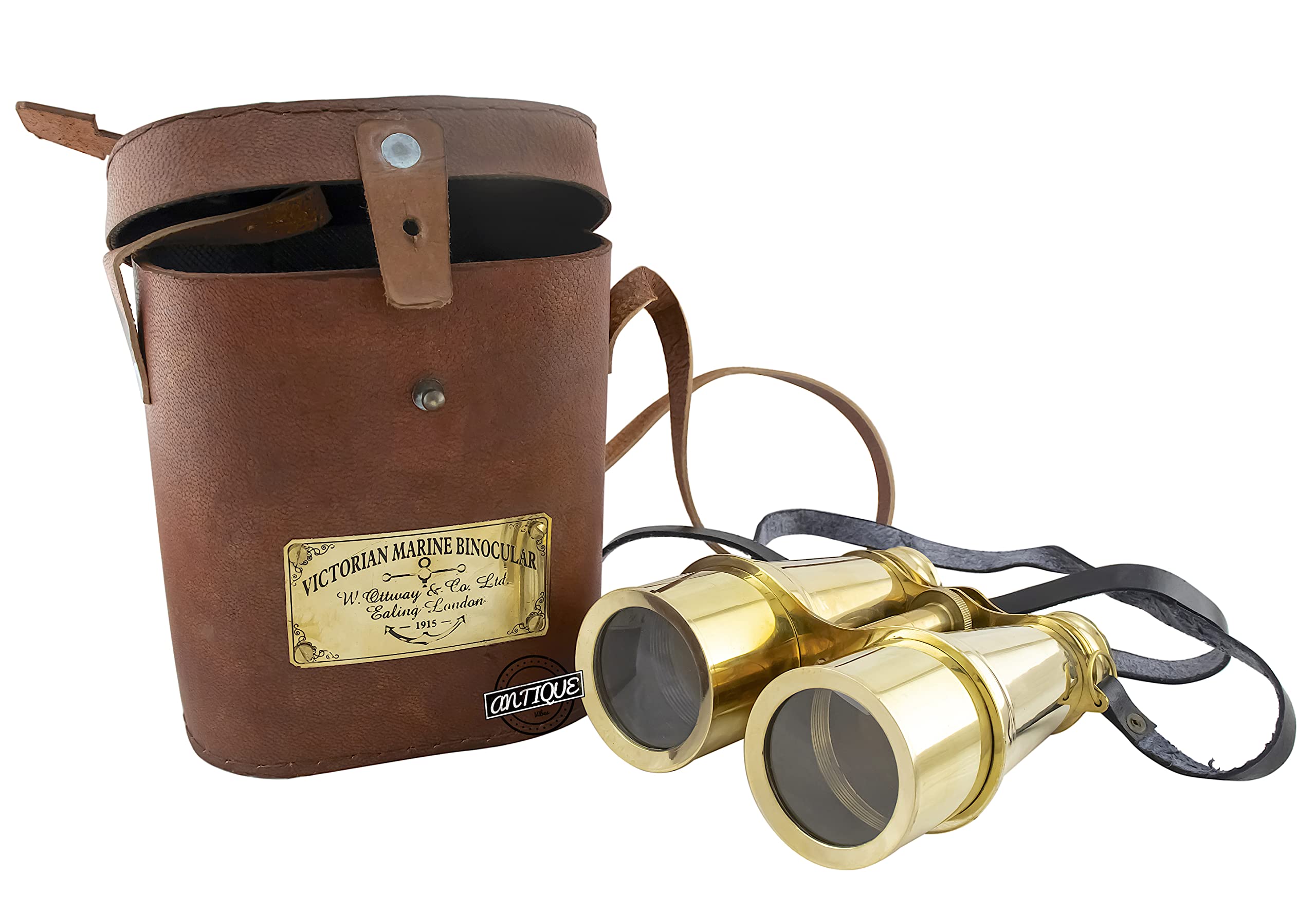 Jumelles vintage marines en verre avec étui en cuir, belle finition chromée