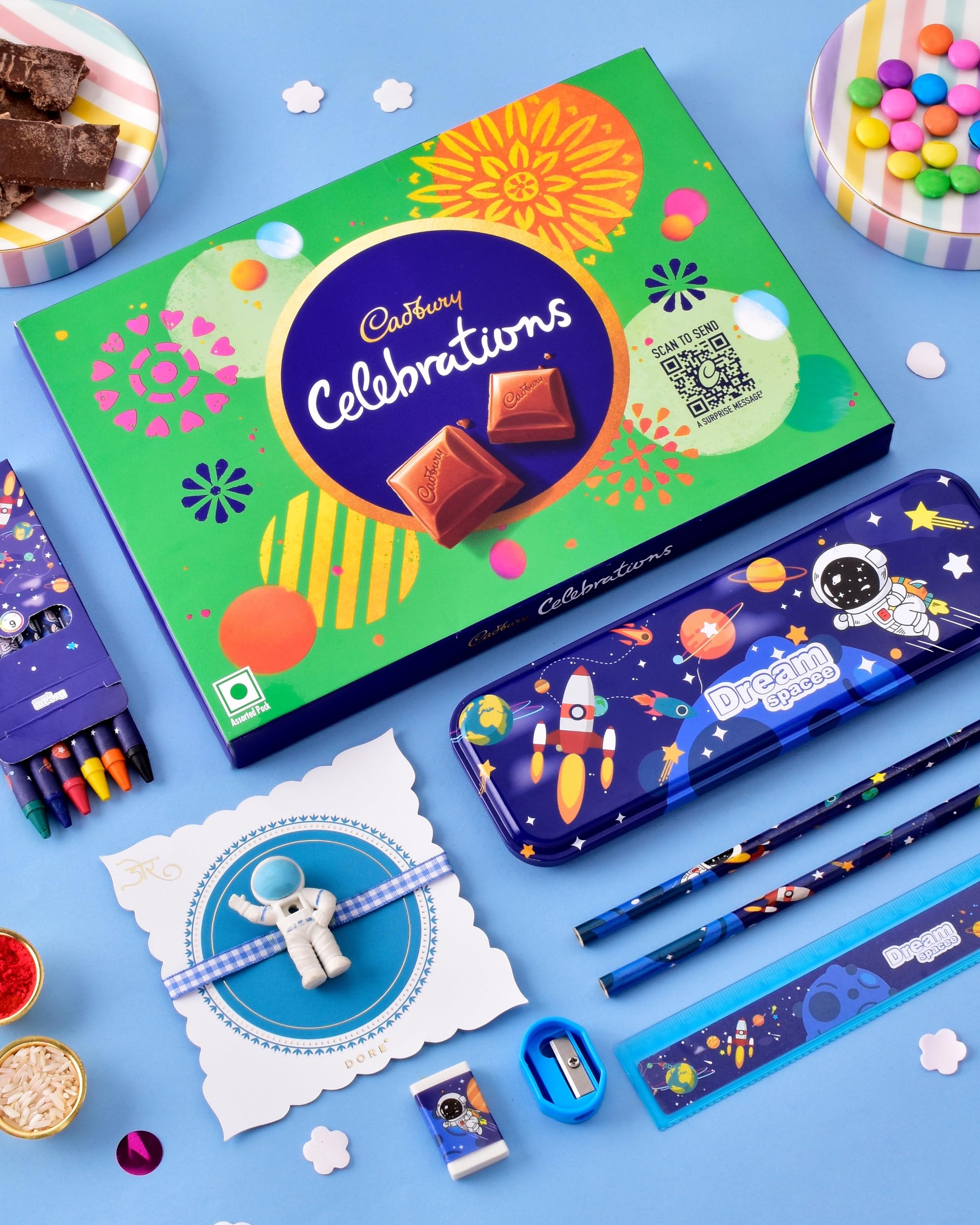 Hyperfoods® Rakhi for kids with gift Kids rakhi for brother Chocolate gift hamper Rakhis Celebrations chocolate pack with pencil box & school stationery set Ruler, Pencil, Eraser & Sharpener (Weight 460 Grams)