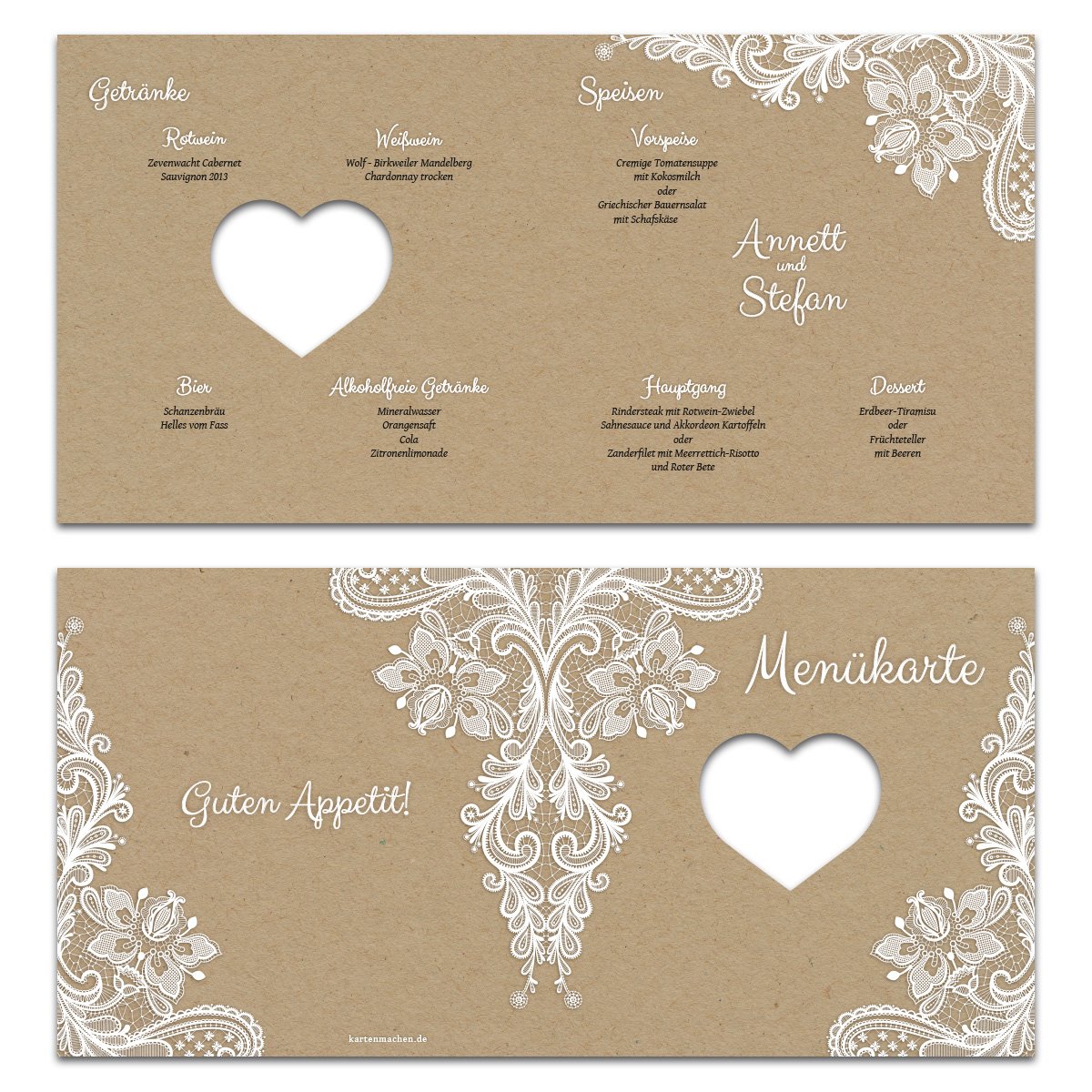 Lasergeschnittene Hochzeit Menükarten (30 Stück) Speisekarte Getränkekarte - Rustikal Kraftpapier