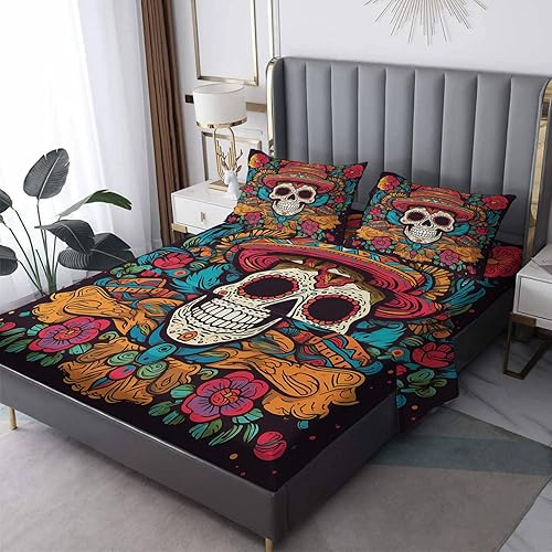 Juego de sábanas con diseño de calavera de azúcar, sábanas y fundas de almohada estampadas de 4 piezas, sábana bajera ajustable de microfibra suave