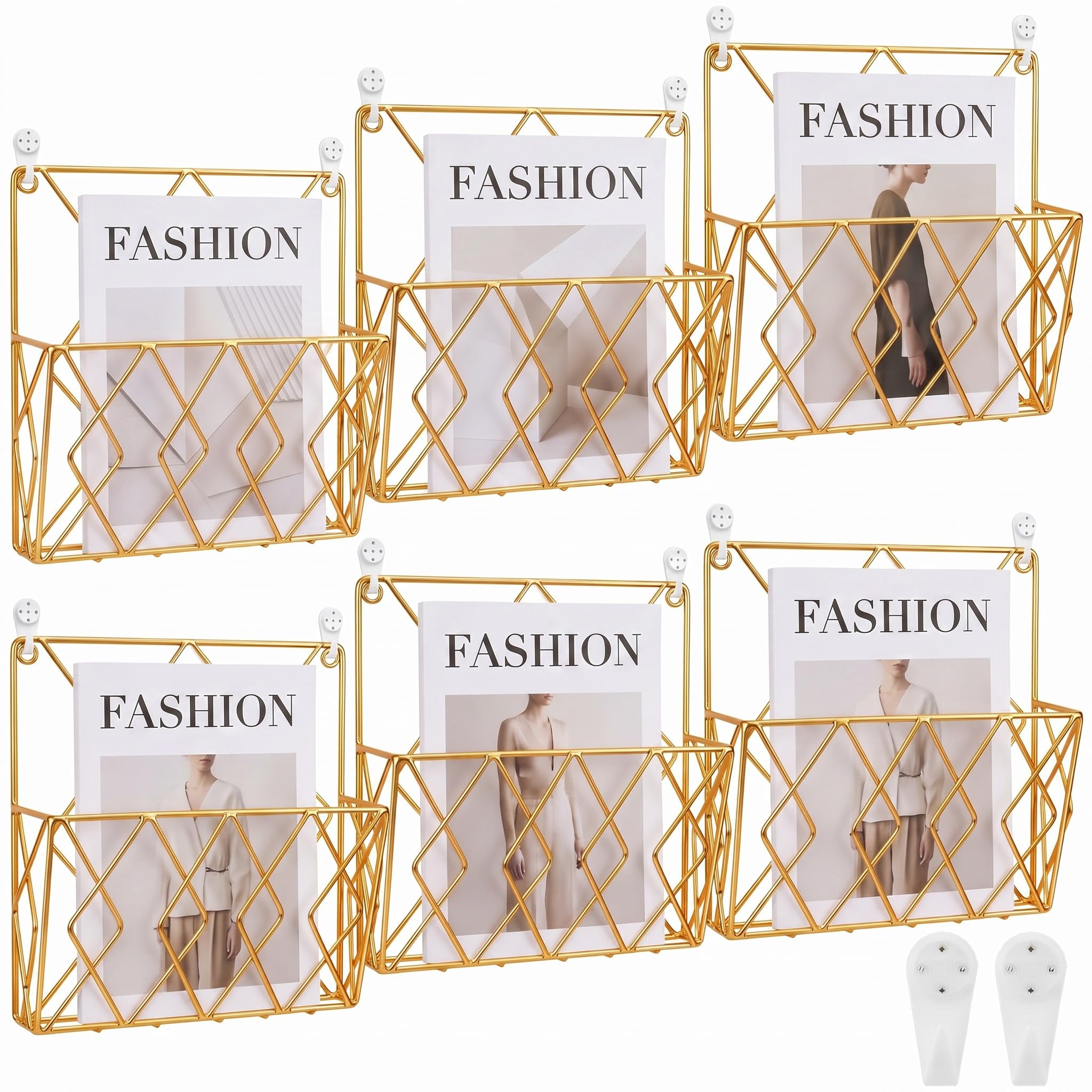 6 Pack Hanging Wall File Organizer, Wall Mount Magazine Rack Metal, Gold