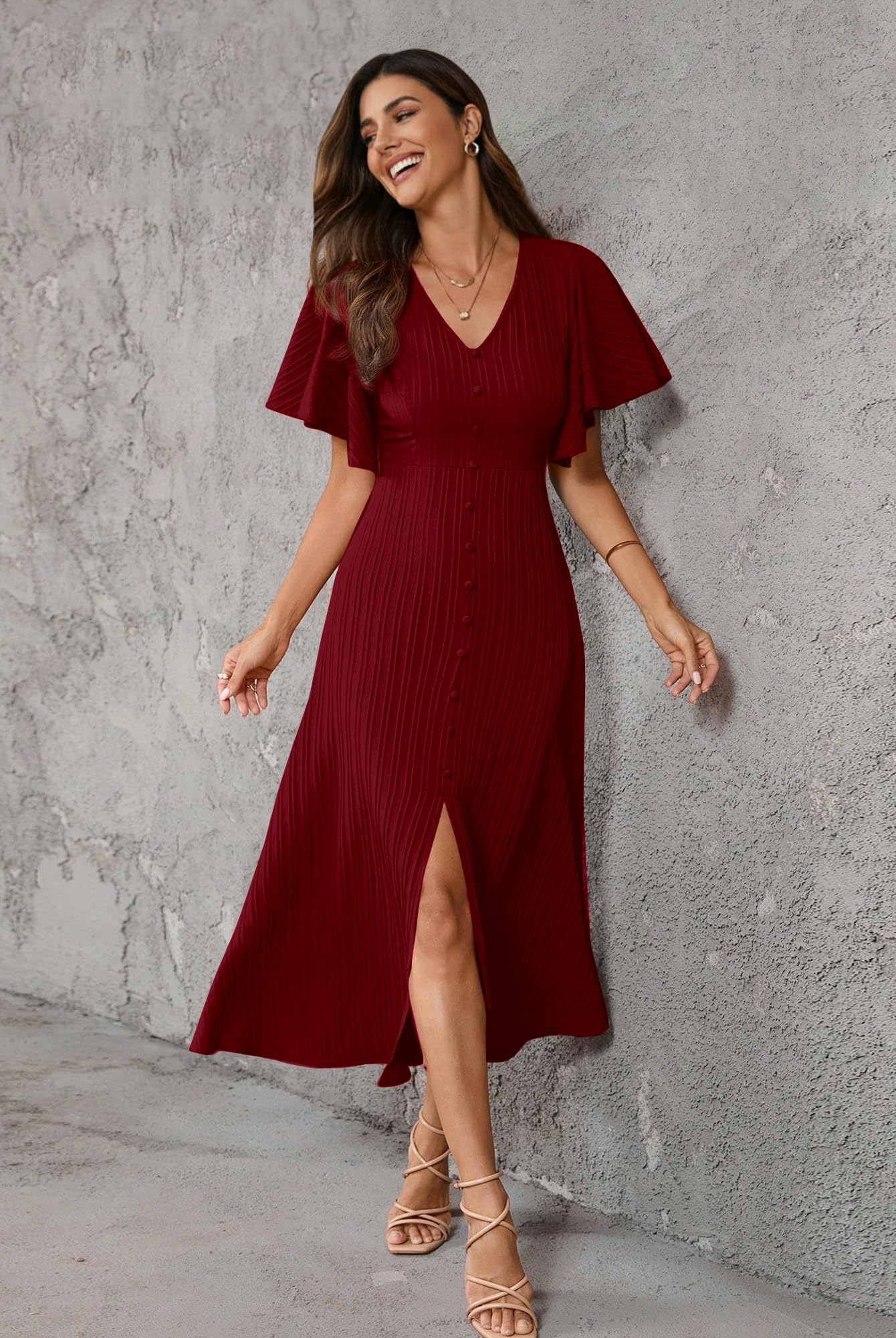 Shasmi Robe midi plissée avec manches flottantes | Robe western à col en V pour femme | Tenue d'été élégante pour le bureau et les loisirs (robe 244)
