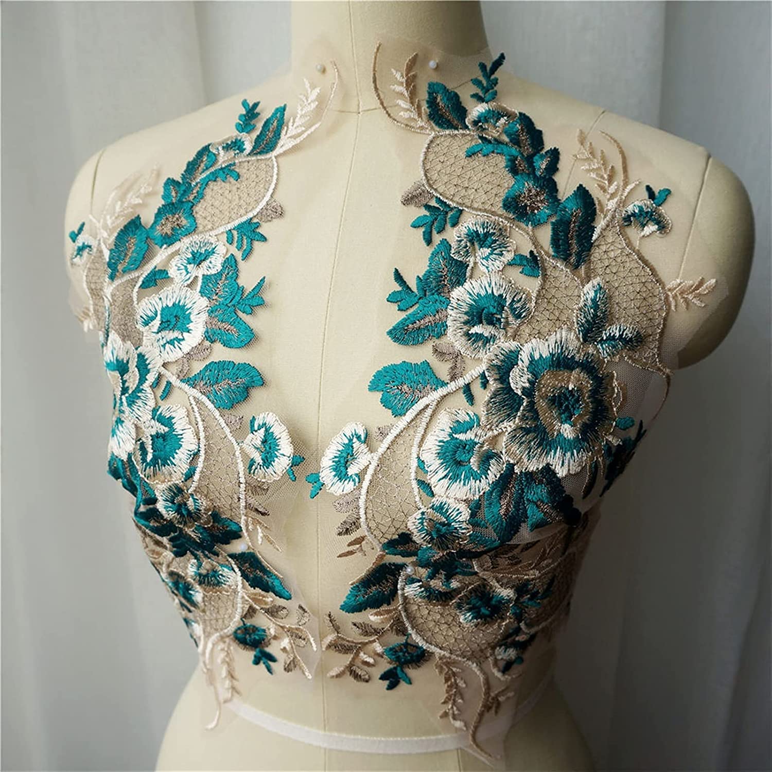 Tessuto di Pizzo Verde Ricamato Abito di Fiori Appliques Rifiniture Colletto Classico in Rete Cucire Toppe for la Decorazione di Nozze Abito Fai da Te,Toppe da Cucire