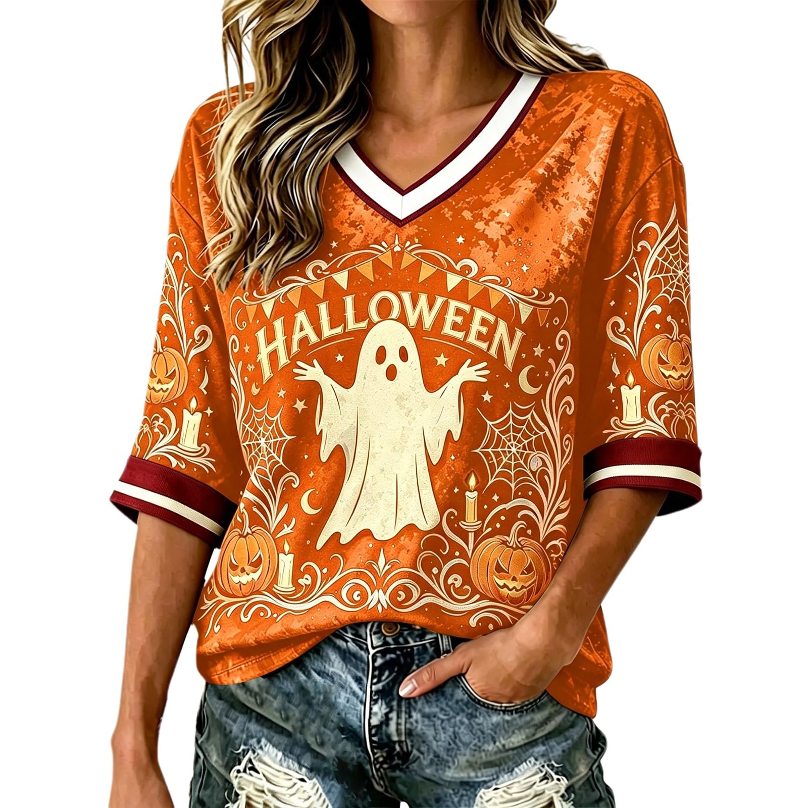 Salem Broom Co Halloween Shirts Women 3/4 Sleeve Vintage Witch Tops Funny Halloween Costumes Casual V Neck Witch Tee Shirts Novelty Fashion Festival Party Clothes (Z01-Orange #1, M)
