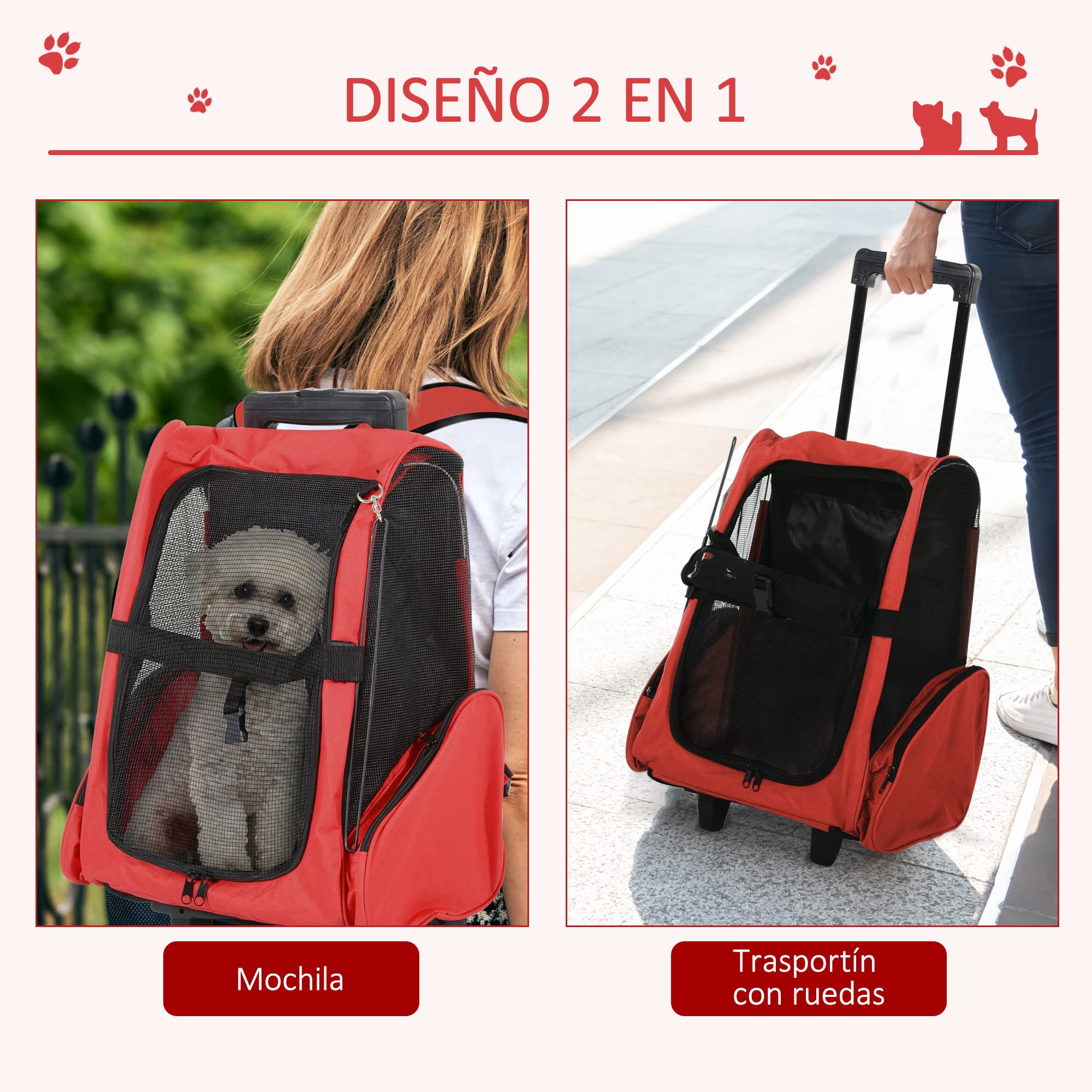 PawHut Transportín 2 en 1 para Mascotas Mochila o Carrito de Viaje para Perro y Gato con 2 Ruedas con Asa retráctil de Aluminio y Bolsillos 42x25x55 cm Rojo