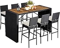 Yaheetech 7-Piece Outdoor Wicker Bar Set with Acacia Wood Table, Cushioned Chairs & Rain Cover for Patio Deck Garden