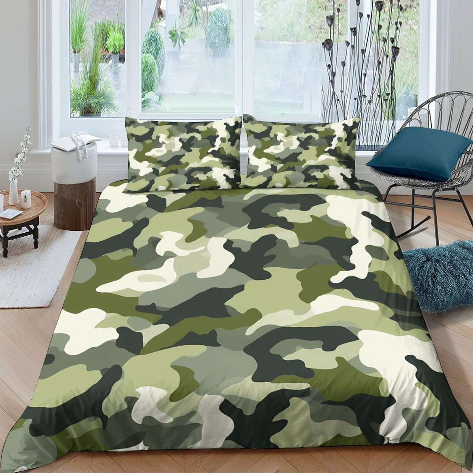 GPLZQXKJNH 3D Printed Camouflage Forest Duvet Cover Set Microfiber Soft Breathable Military Green Bedding with 2 Pillowcases for Bedroom Single（135x200cm）